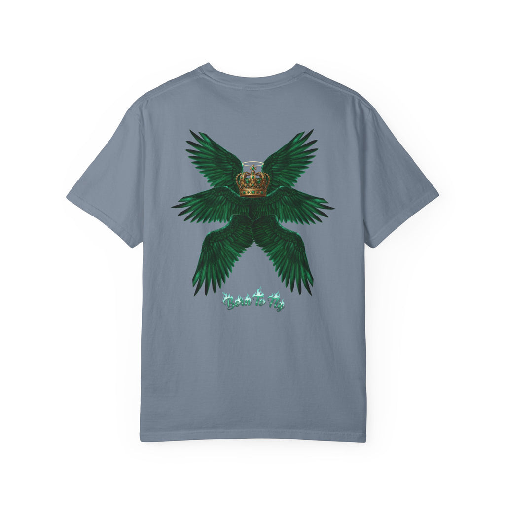 Emerald Tiger T‑Shirt — Green Winged Crown 'Born to Fly' Graphic Tee