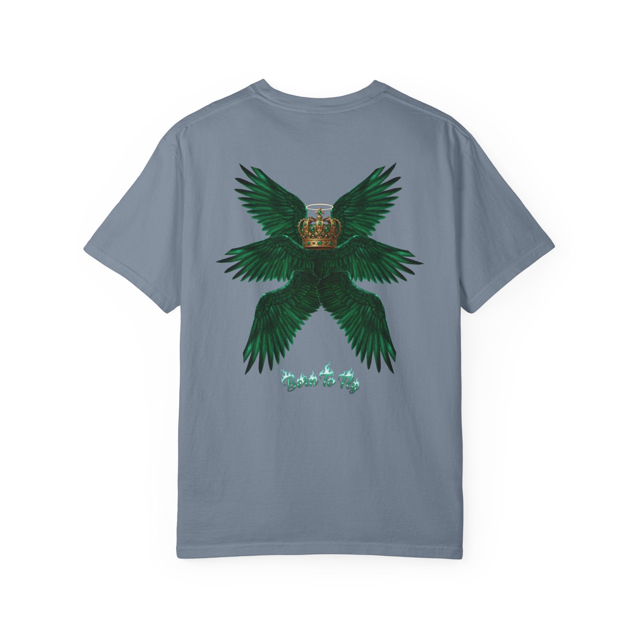 Emerald Tiger T‑Shirt — Green Winged Crown 'Born to Fly' Graphic Tee