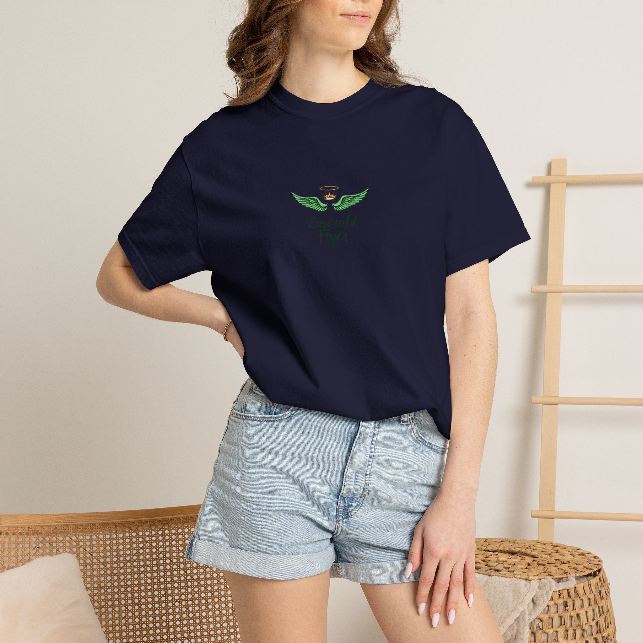 Emerald Tiger T‑Shirt — Green Winged Crown 'Born to Fly' Graphic Tee