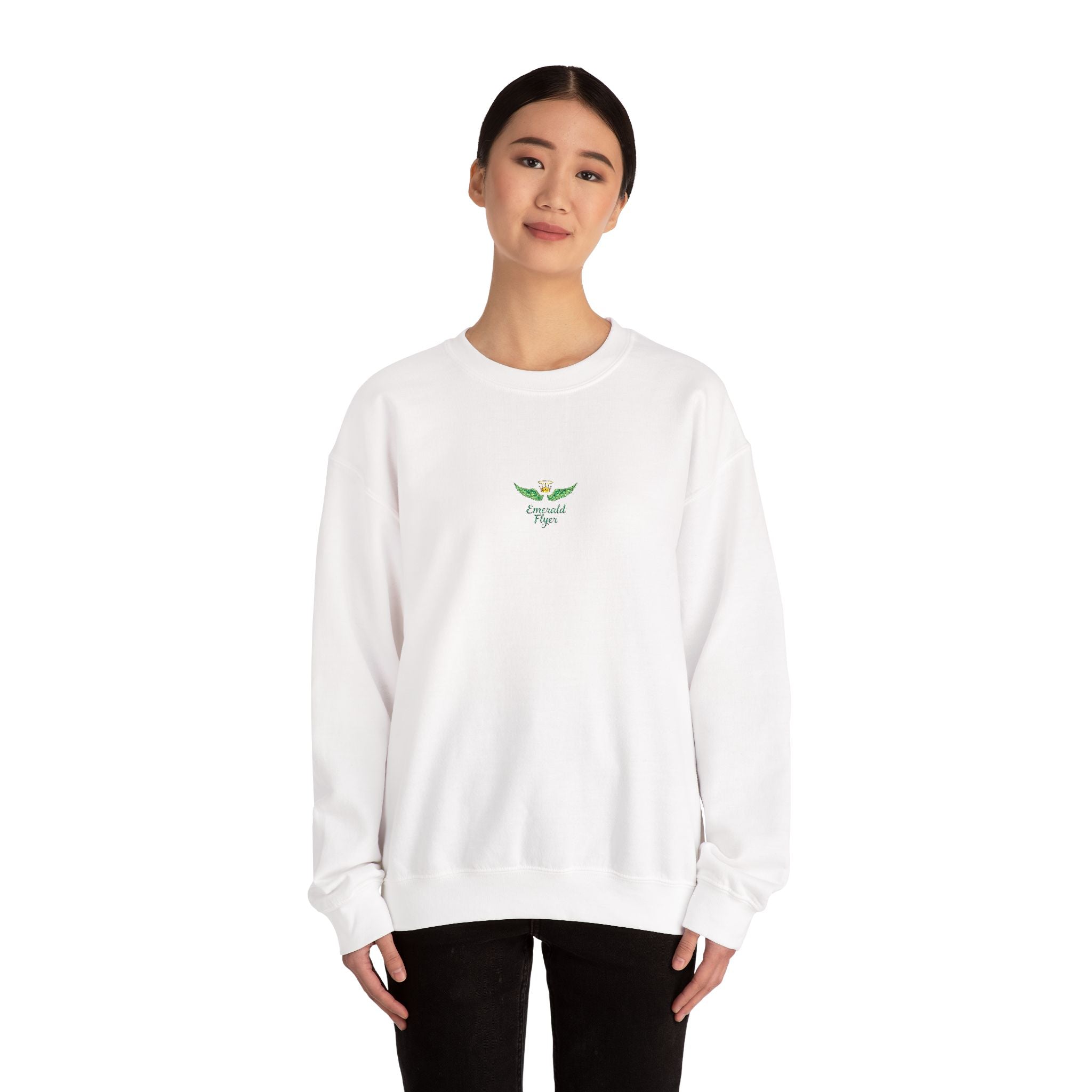 White Crewneck Sweatshirt with Tiny Green Plant Embroidery – “Plant Babe” Minimal Floral Design
