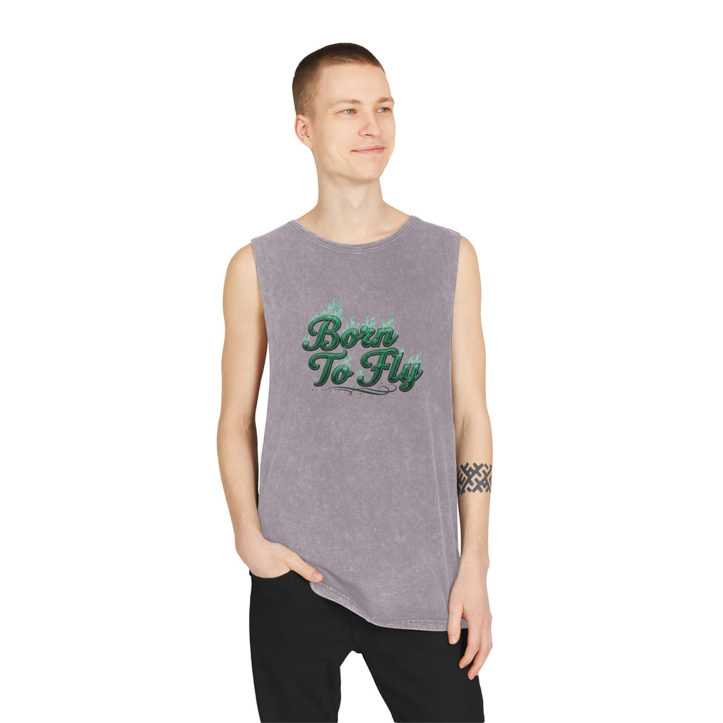 Born to Fly Tank Top — Green Angel Wings Stonewash Muscle Tee