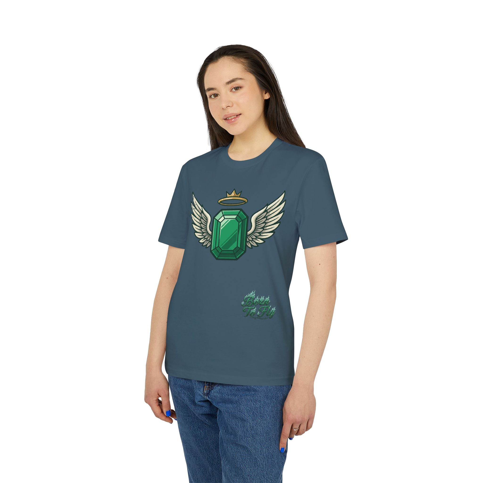 Emerald Flyer T-Shirt — Winged Gem Graphic "Born To Fly"