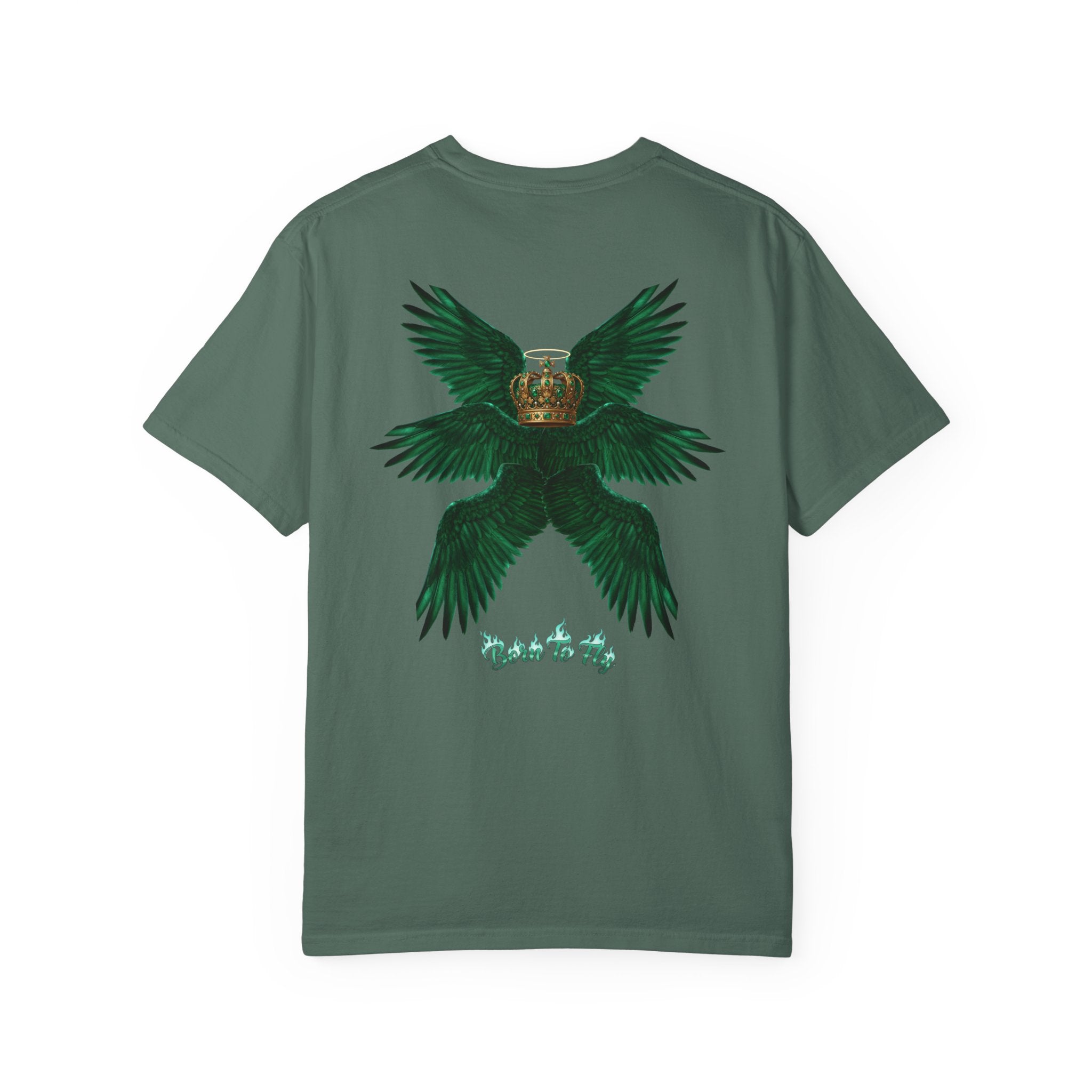 Emerald Tiger T‑Shirt — Green Winged Crown 'Born to Fly' Graphic Tee
