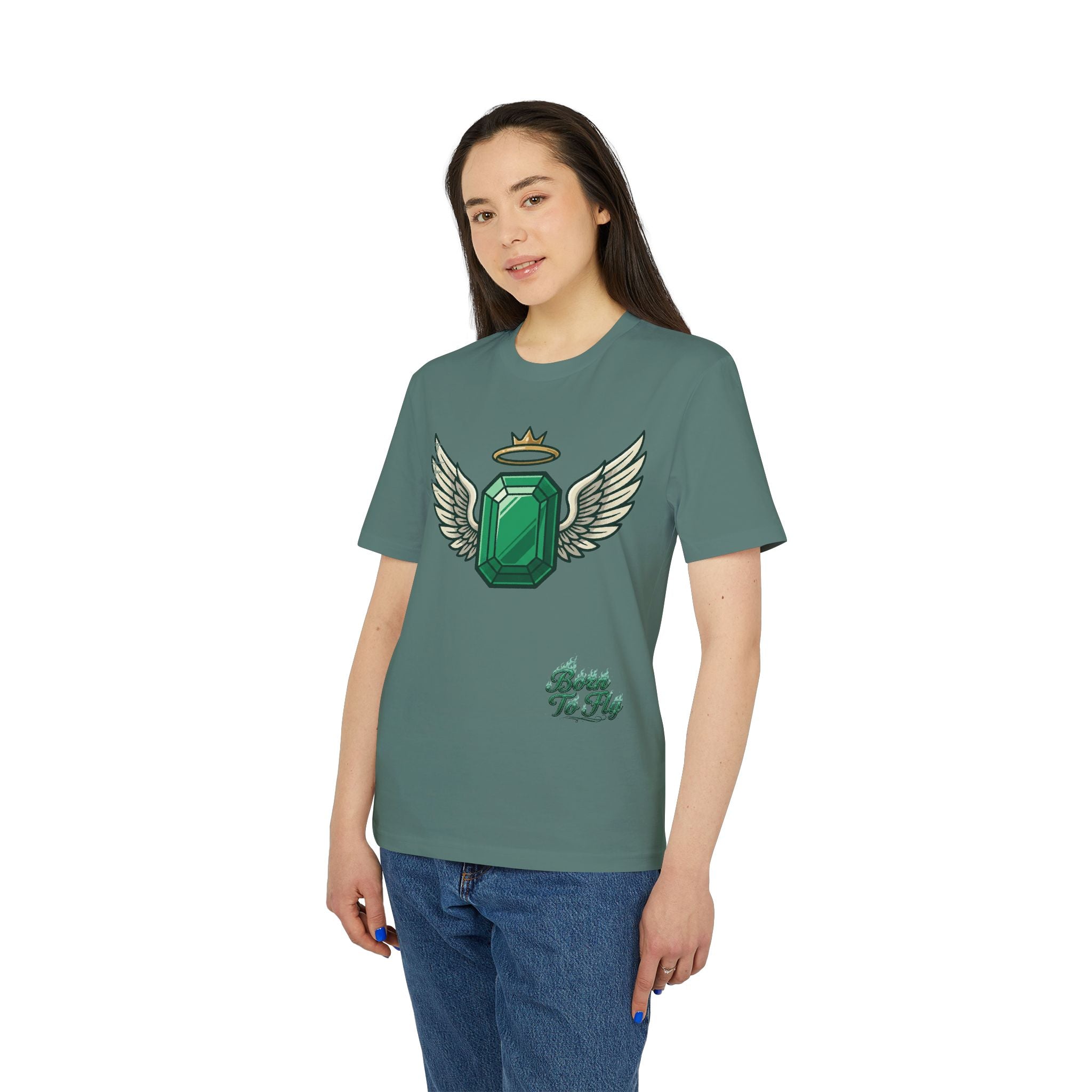 Emerald Flyer T-Shirt — Winged Gem Graphic "Born To Fly"