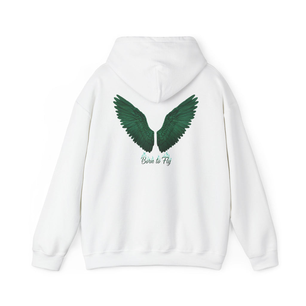 Emerald Flyer Hoodie — Green Angel Wings Pullover with 'Born to Fly' Sleeve