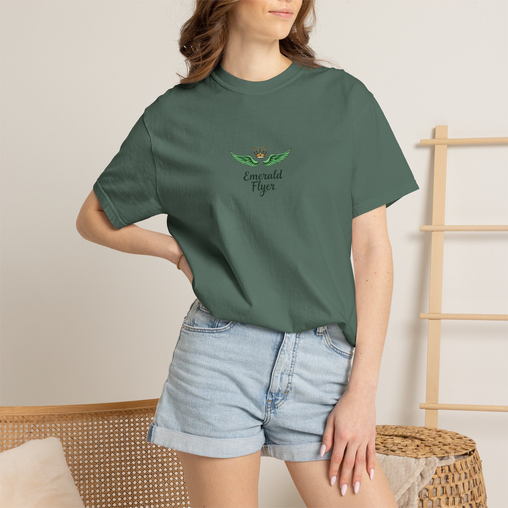 Emerald Tiger T‑Shirt — Green Winged Crown 'Born to Fly' Graphic Tee