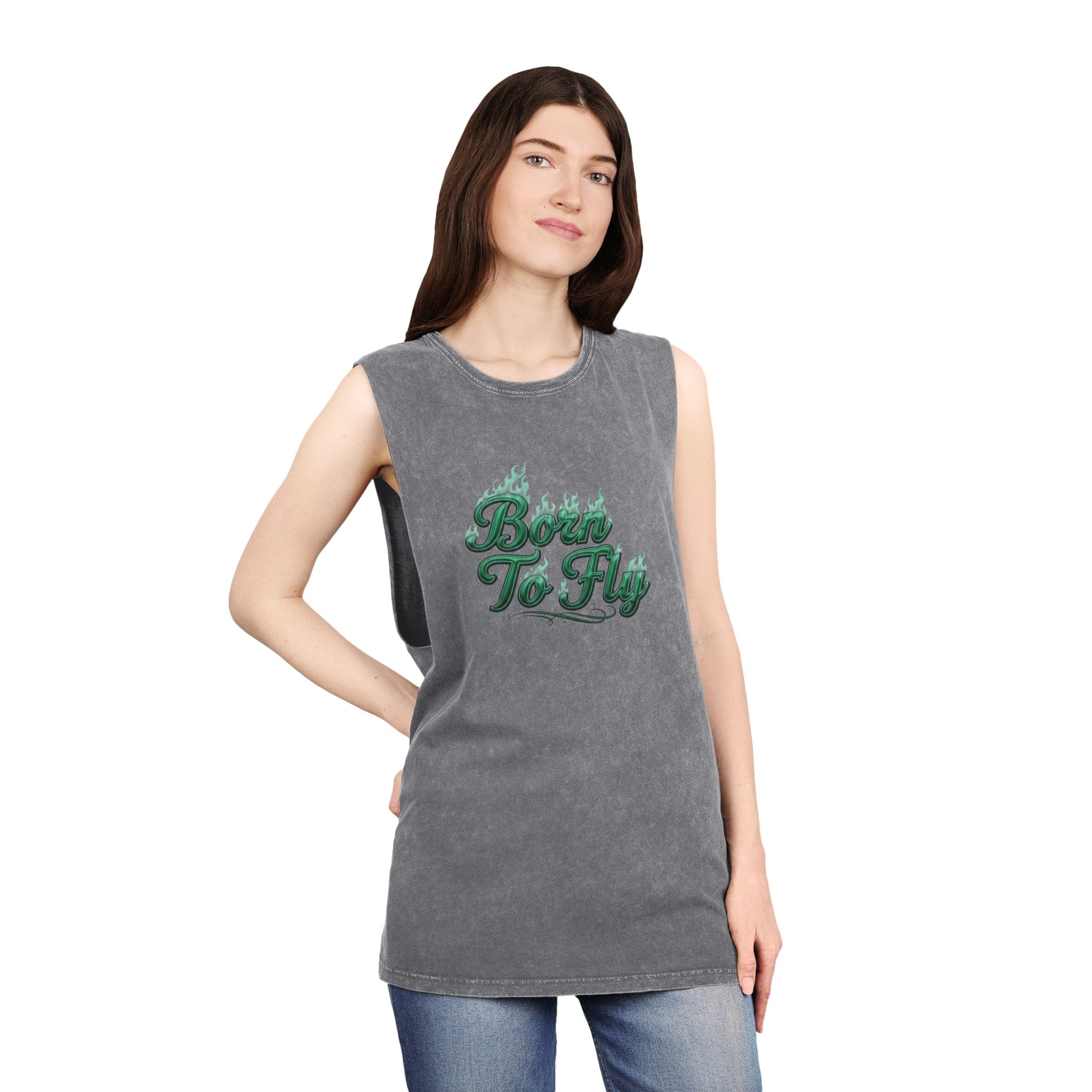 Born to Fly Tank Top — Green Angel Wings Stonewash Muscle Tee