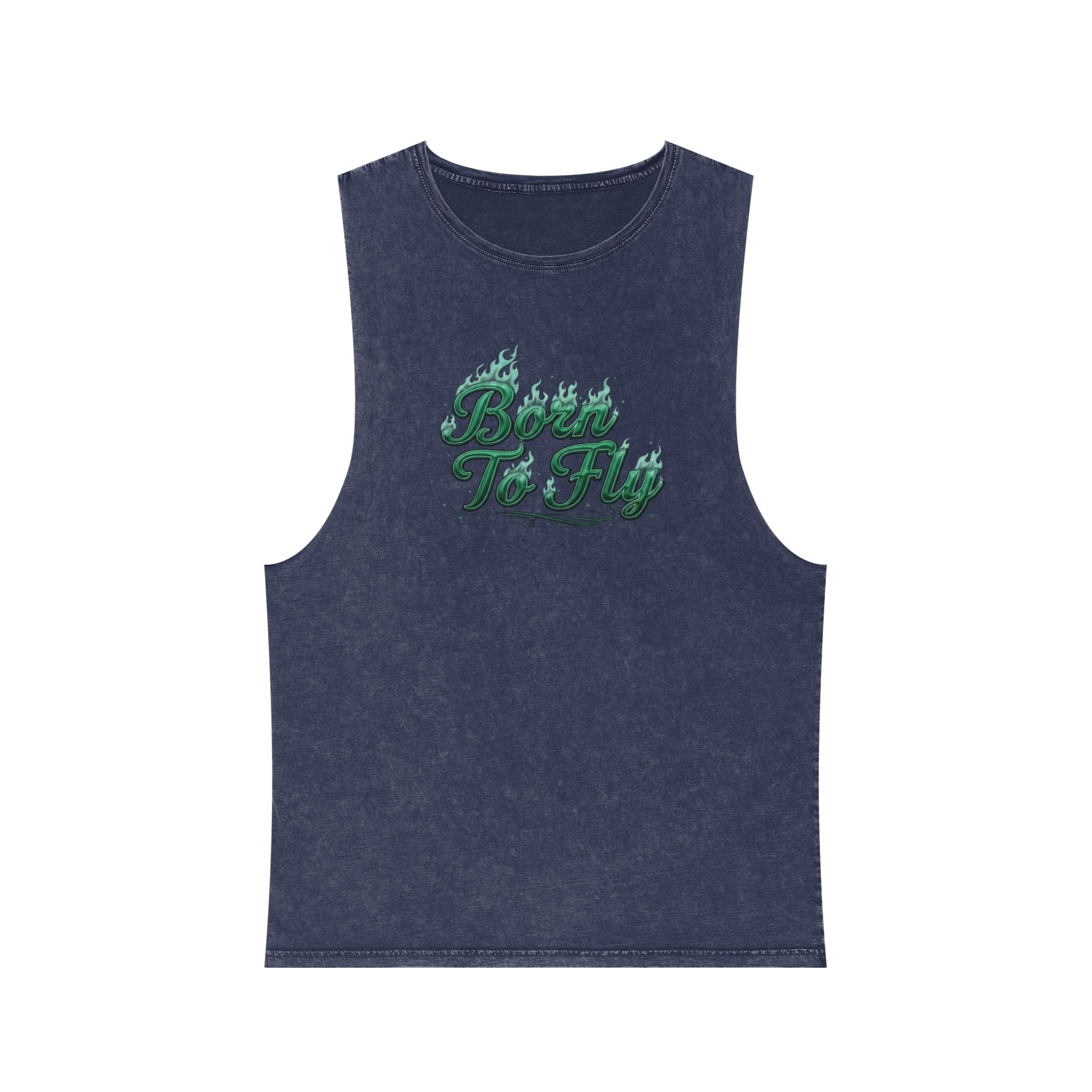 Born to Fly Tank Top — Green Angel Wings Stonewash Muscle Tee