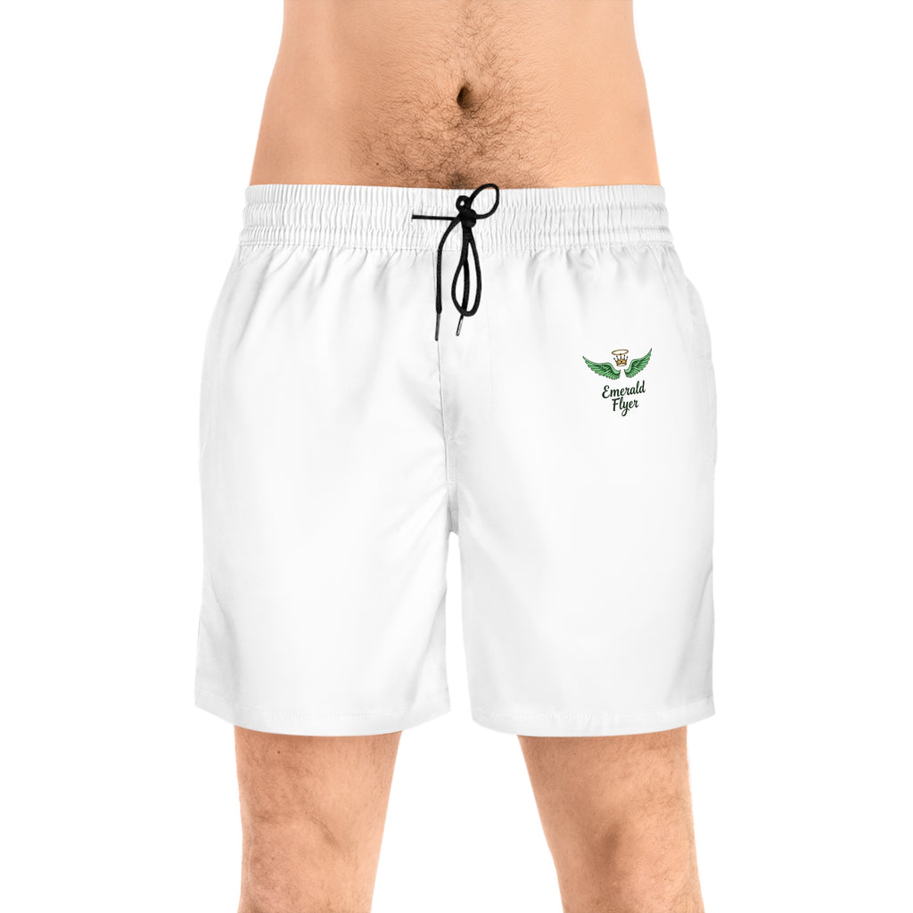Emerald Flyer Swim Shorts – "Born To Fly" White Trunks with Green Wing Graphics