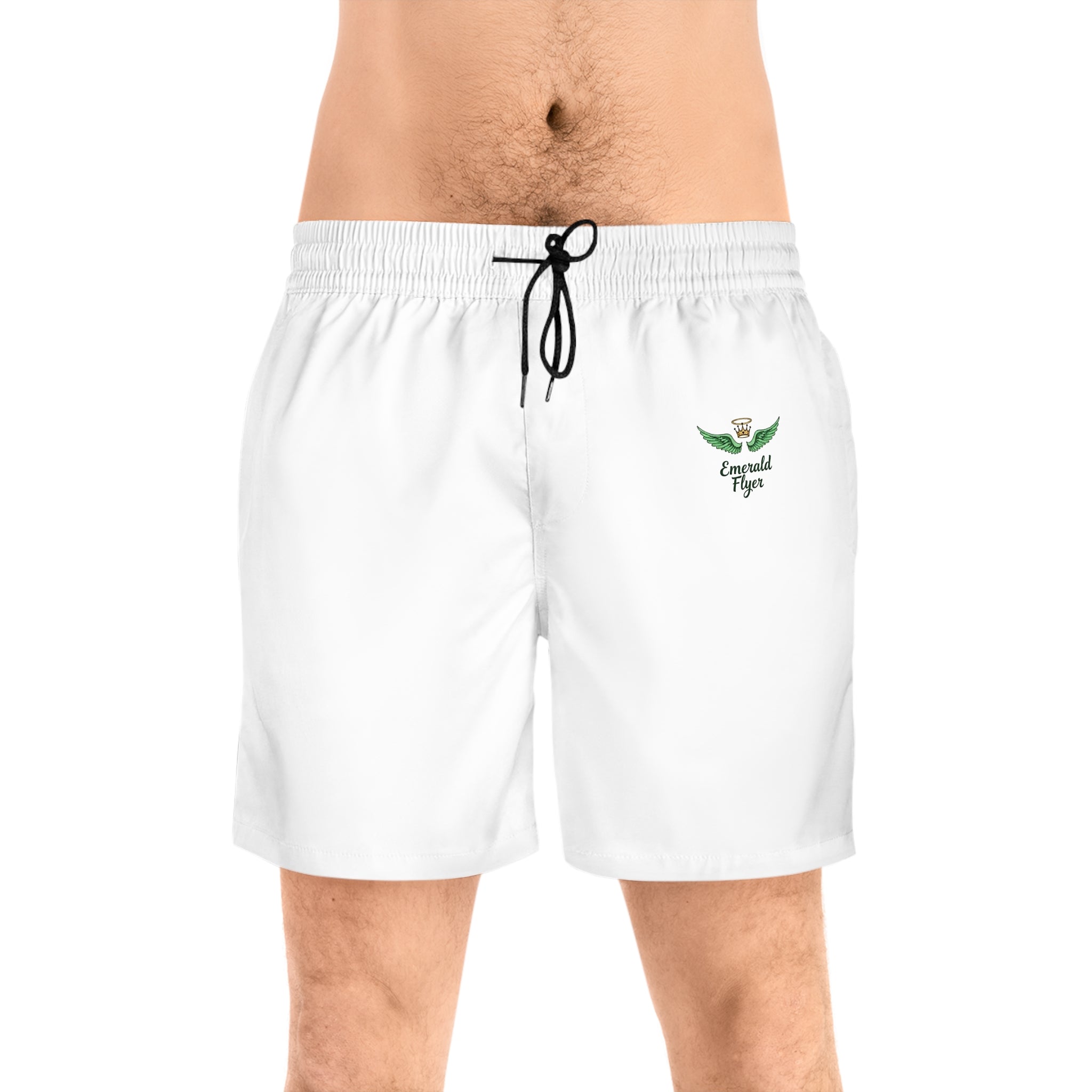 Emerald Flyer Swim Shorts – "Born To Fly" White Trunks with Green Wing Graphics
