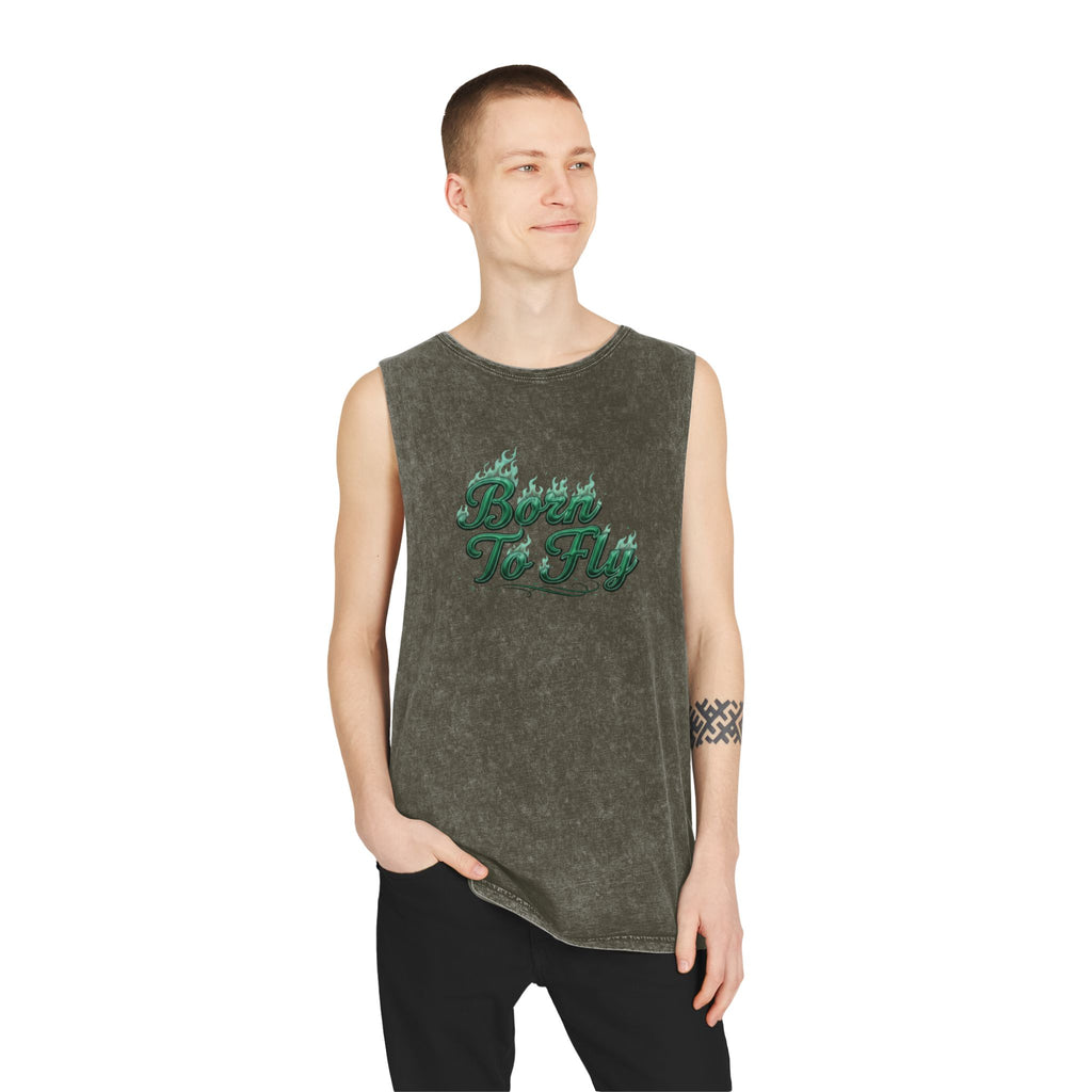 Born to Fly Tank Top — Green Angel Wings Stonewash Muscle Tee