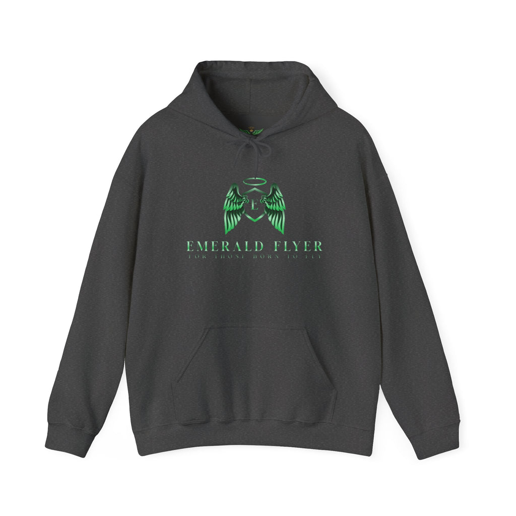 Emerald Flyer Hoodie — Green Angel Wings Pullover with 'Born to Fly' Sleeve
