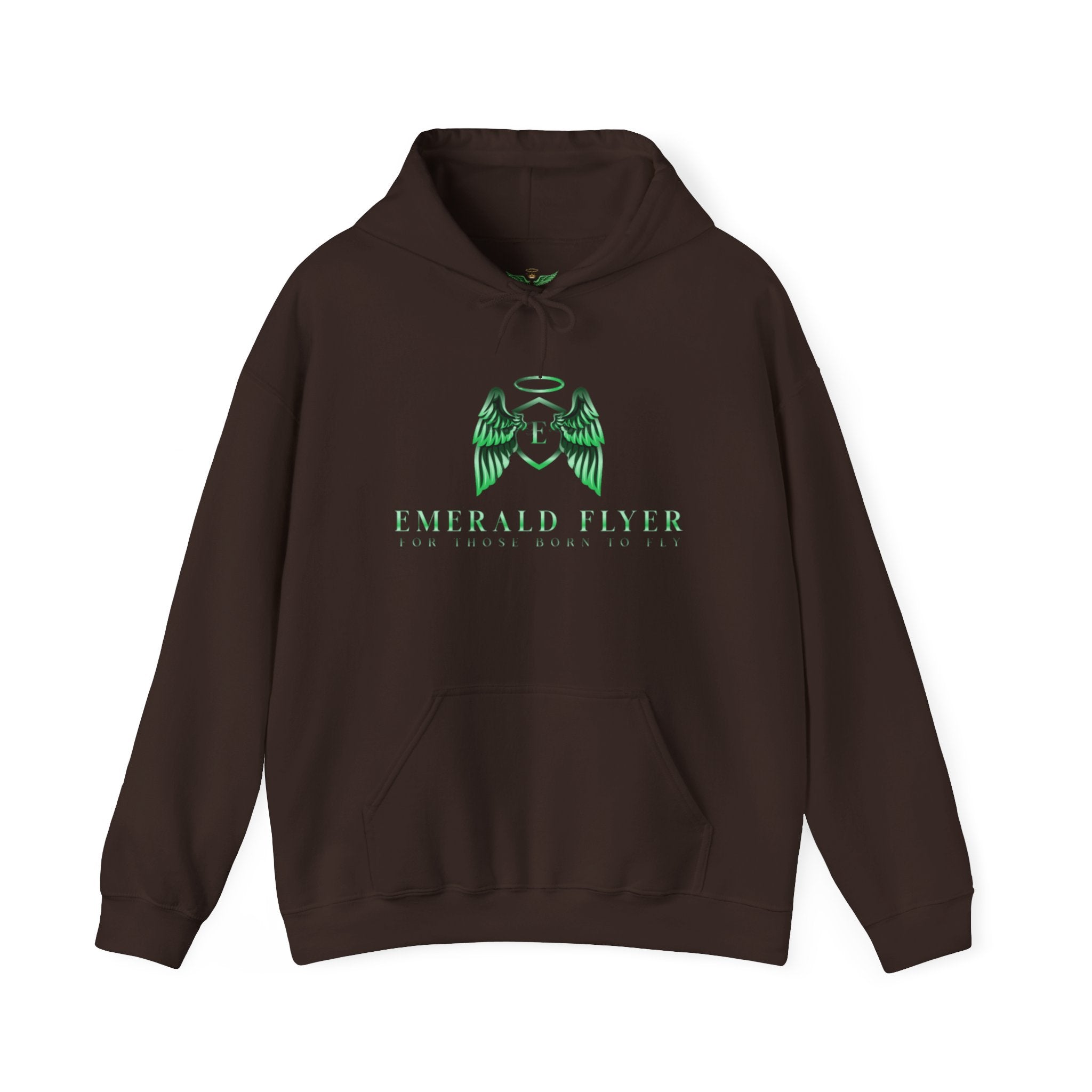 Emerald Flyer Hoodie — Green Angel Wings Pullover with 'Born to Fly' Sleeve