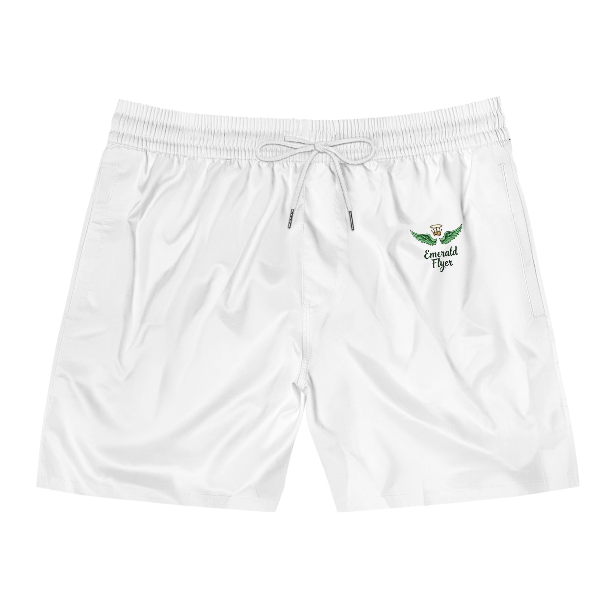 Emerald Flyer Swim Shorts – "Born To Fly" White Trunks with Green Wing Graphics