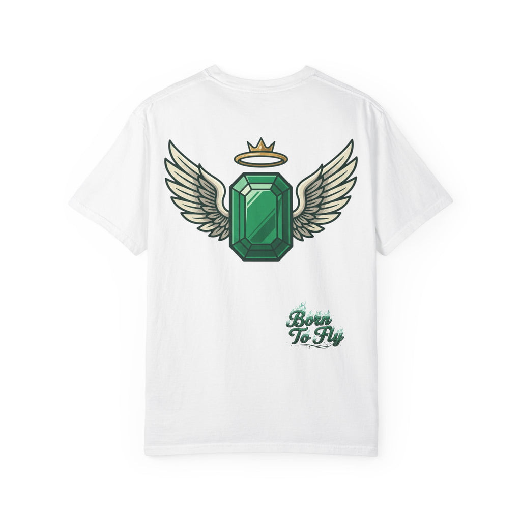 Emerald Flyer T-Shirt — "Born To Fly" Winged Emerald Graphic Tee