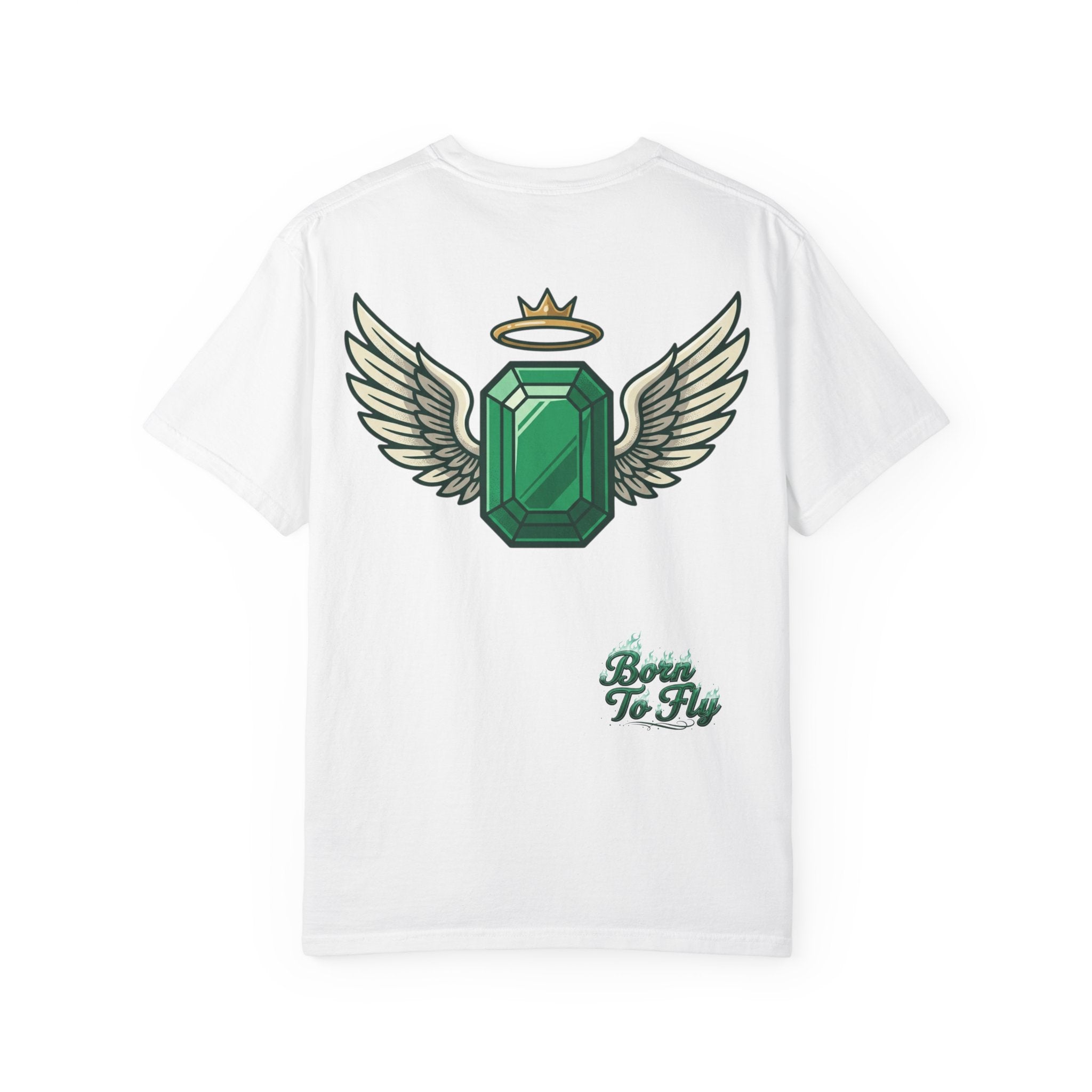 Emerald Flyer T-Shirt — "Born To Fly" Winged Emerald Graphic Tee