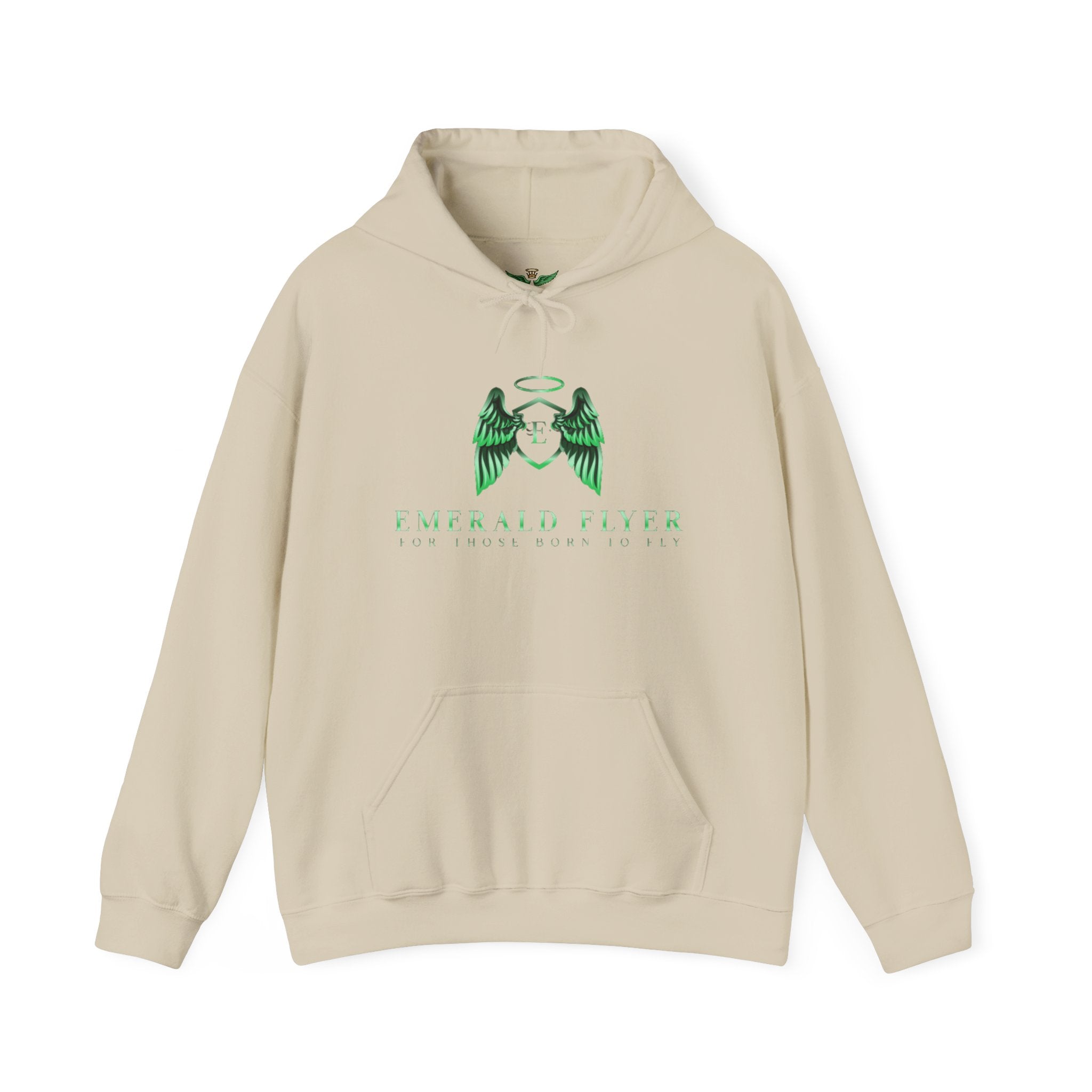 Emerald Flyer Hoodie — Green Angel Wings Pullover with 'Born to Fly' Sleeve