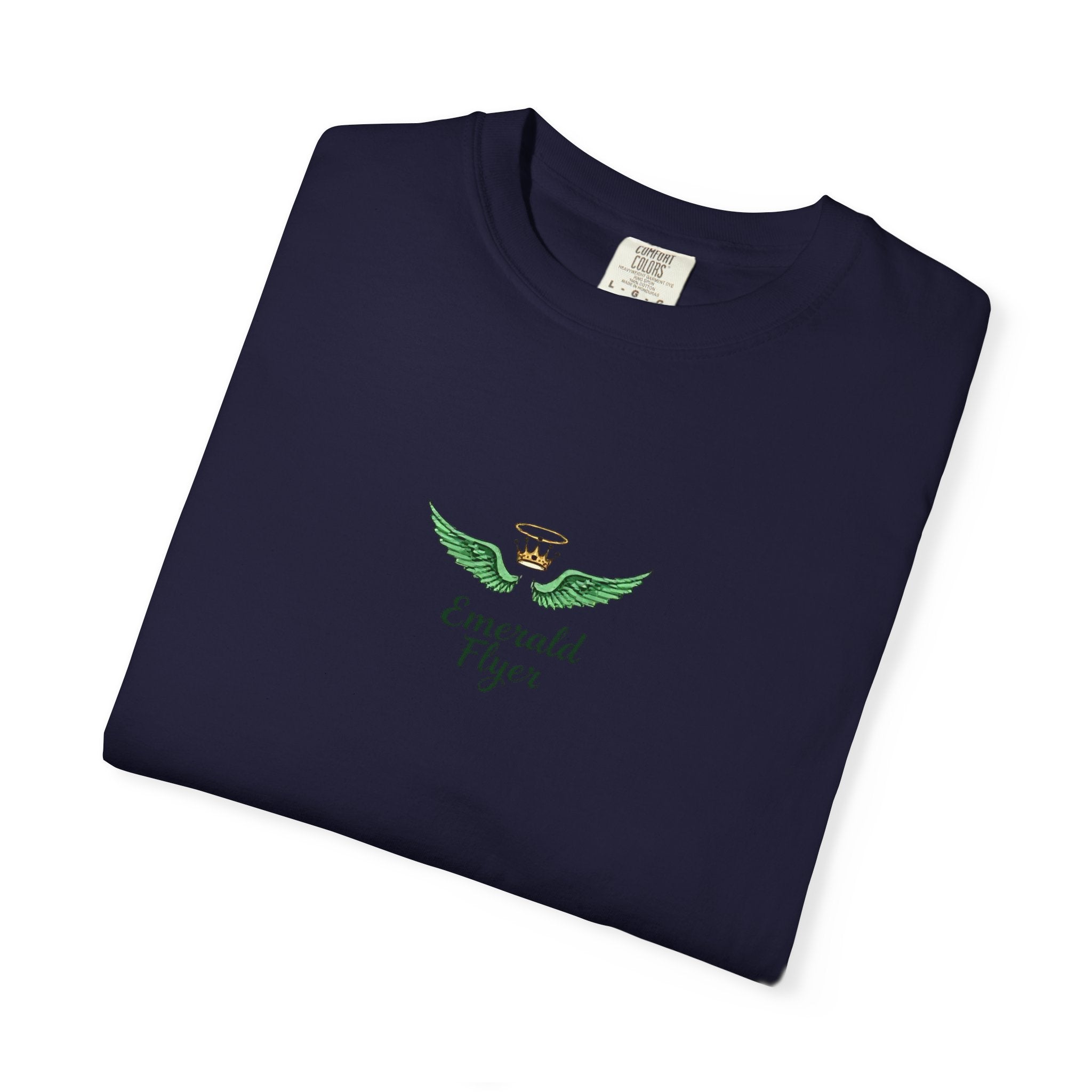 Emerald Tiger T‑Shirt — Green Winged Crown 'Born to Fly' Graphic Tee