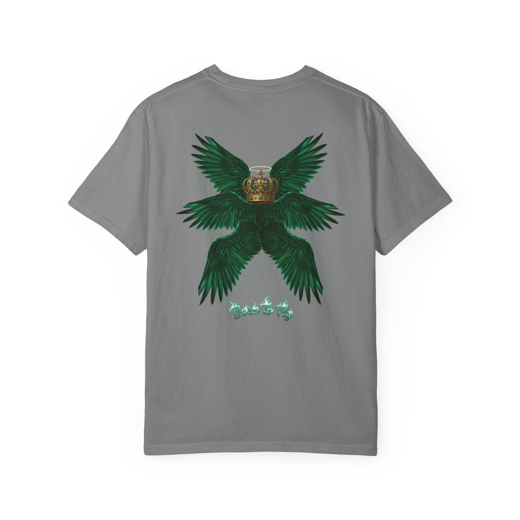 Emerald Tiger T‑Shirt — Green Winged Crown 'Born to Fly' Graphic Tee