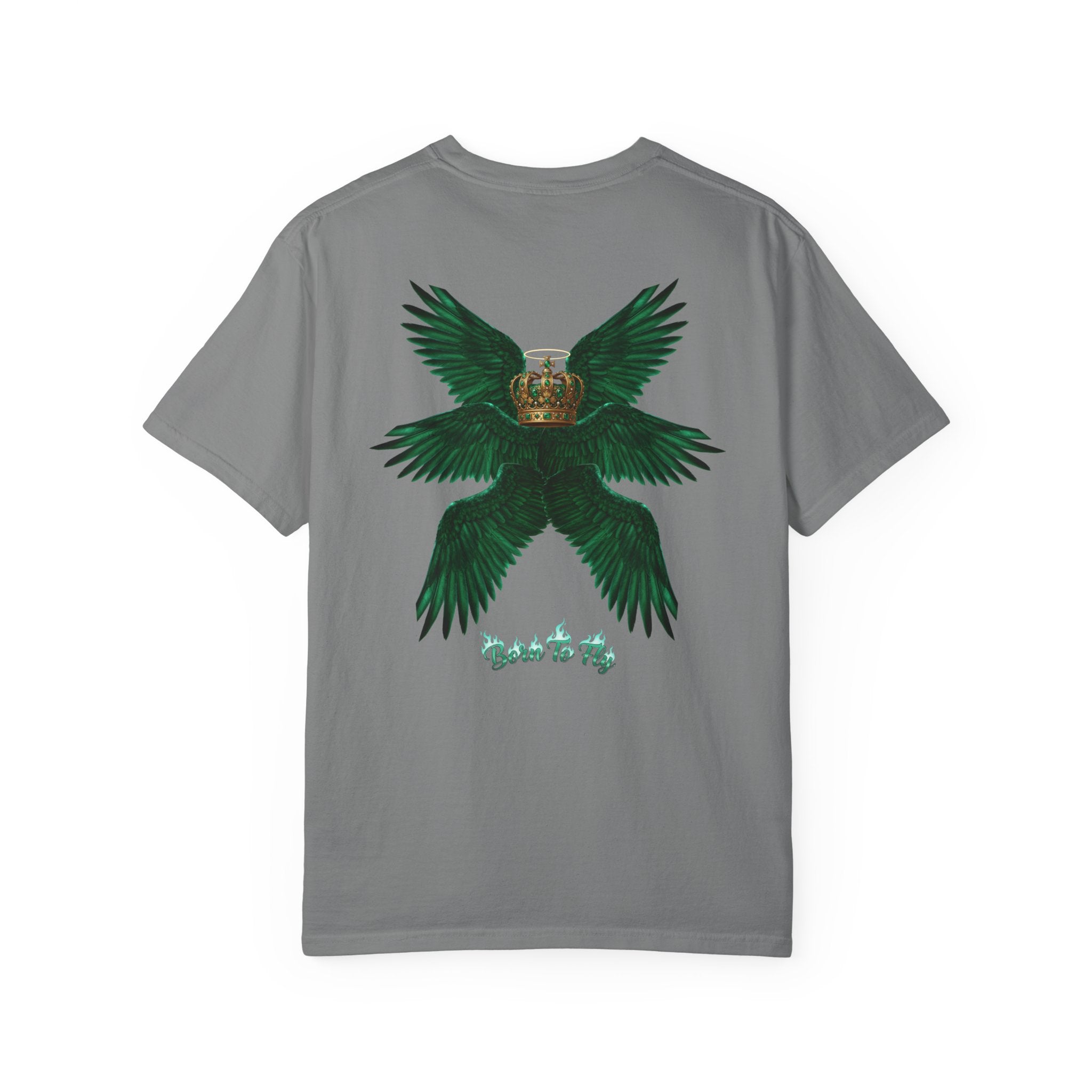 Emerald Tiger T‑Shirt — Green Winged Crown 'Born to Fly' Graphic Tee