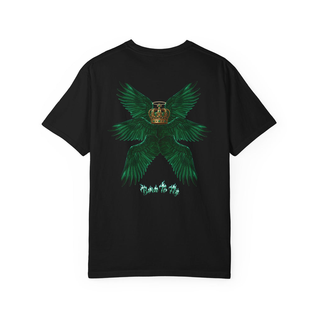 Emerald Tiger T‑Shirt — Green Winged Crown 'Born to Fly' Graphic Tee
