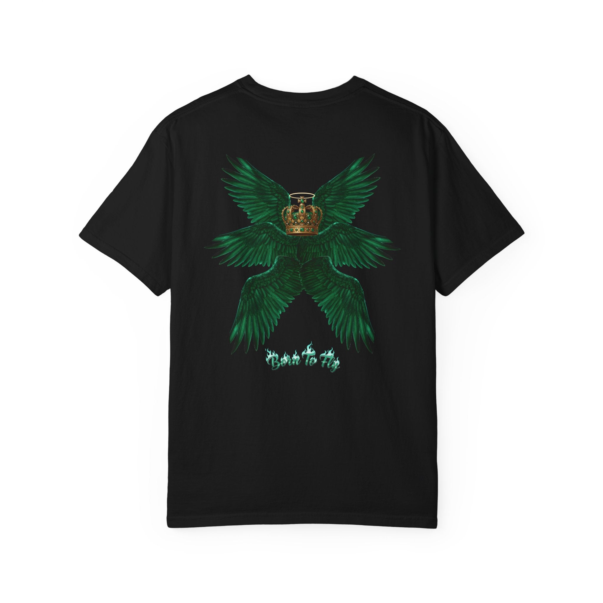 Emerald Tiger T‑Shirt — Green Winged Crown 'Born to Fly' Graphic Tee