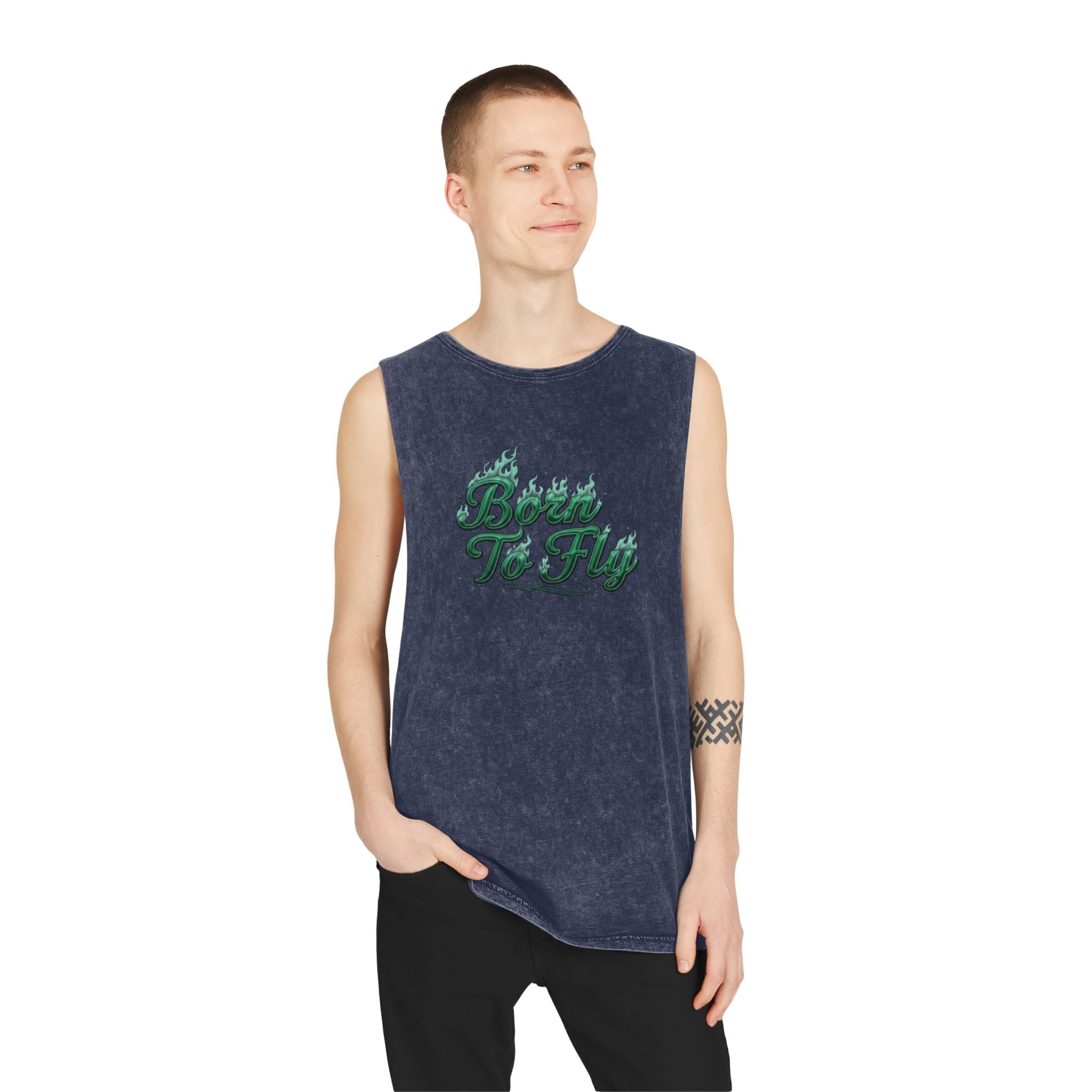 Born to Fly Tank Top — Green Angel Wings Stonewash Muscle Tee