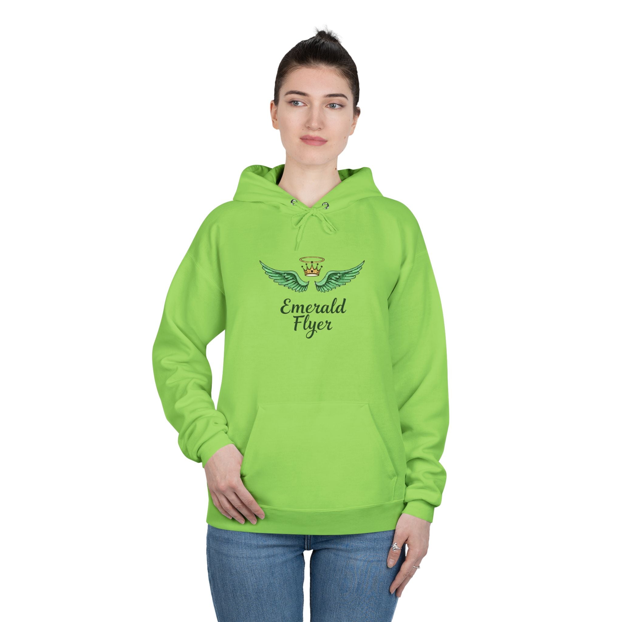 Emerald Flyer Hoodie — Green Winged Crown Graphic Pullover