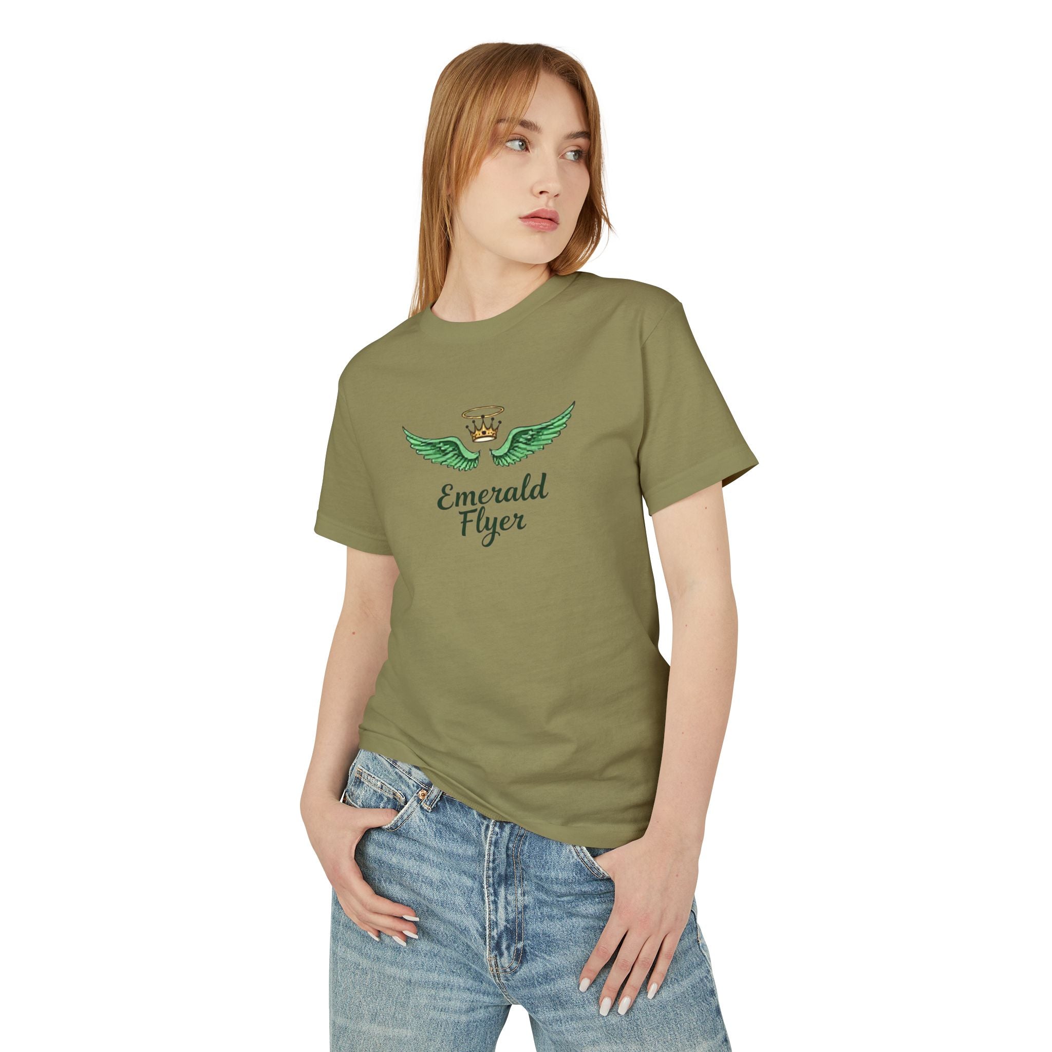 Emerald Flyer Tee — 'Emerald Flyer' Wings Graphic Cotton T-Shirt