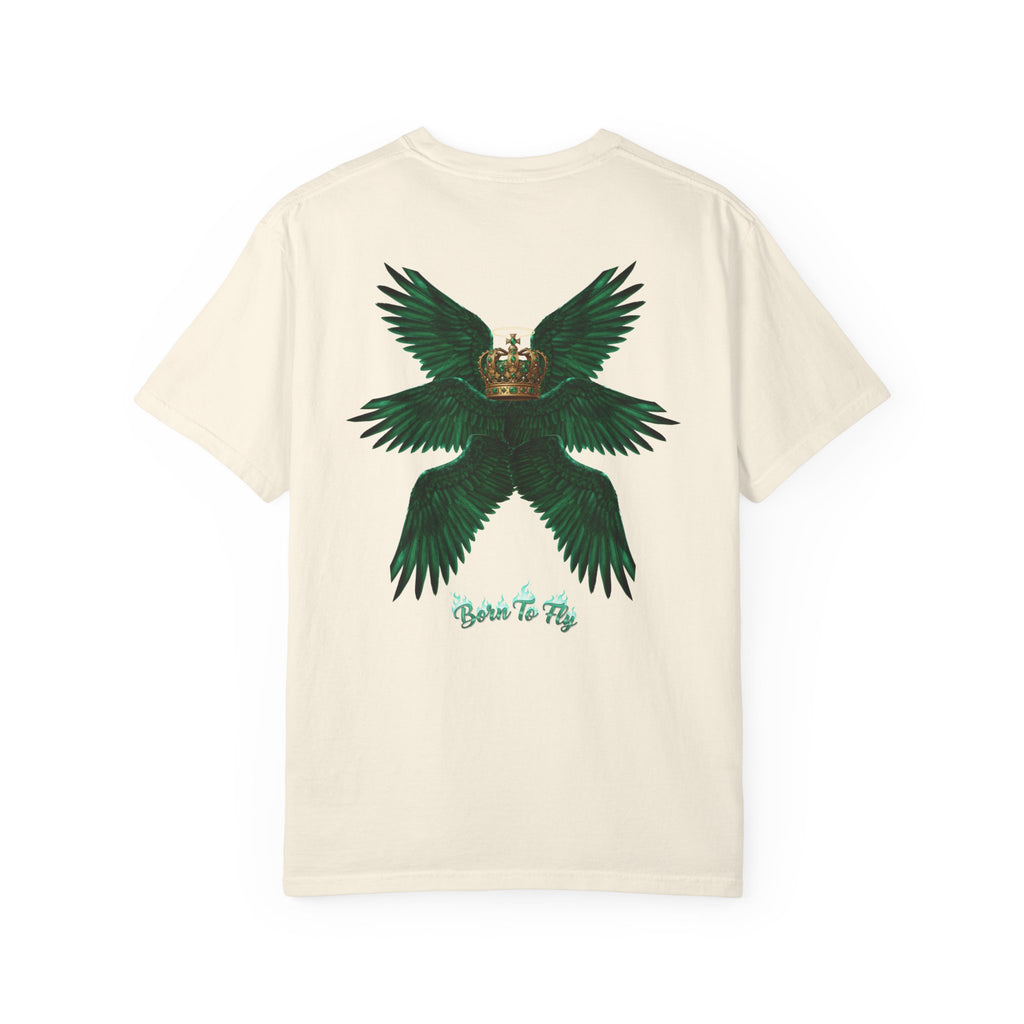 Emerald Tiger T‑Shirt — Green Winged Crown 'Born to Fly' Graphic Tee