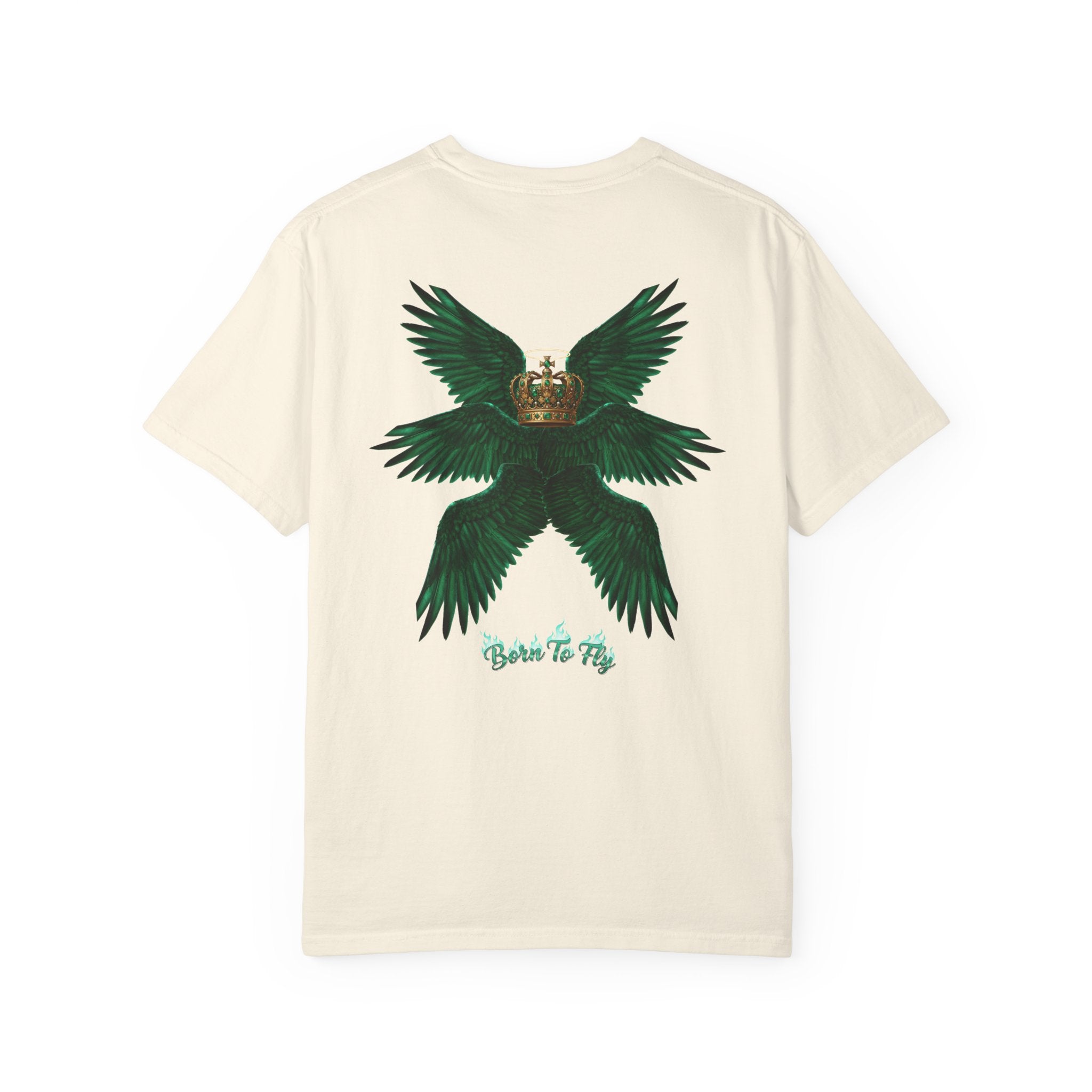 Emerald Tiger T‑Shirt — Green Winged Crown 'Born to Fly' Graphic Tee