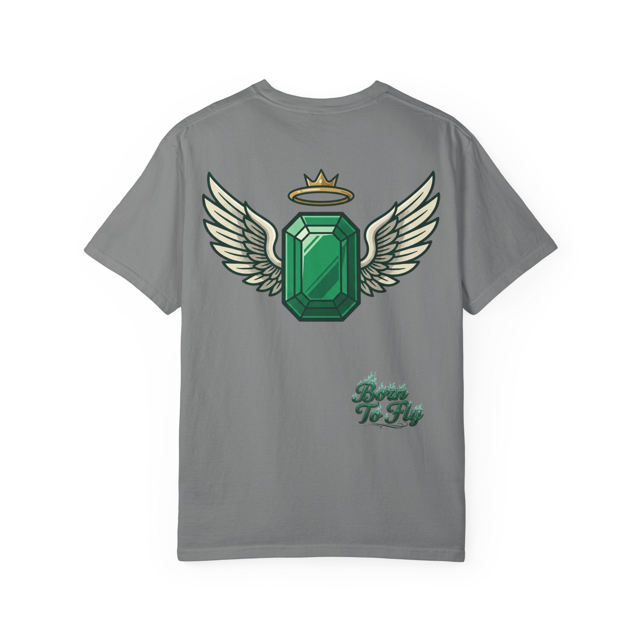 Emerald Flyer T-Shirt — "Born To Fly" Winged Emerald Graphic Tee