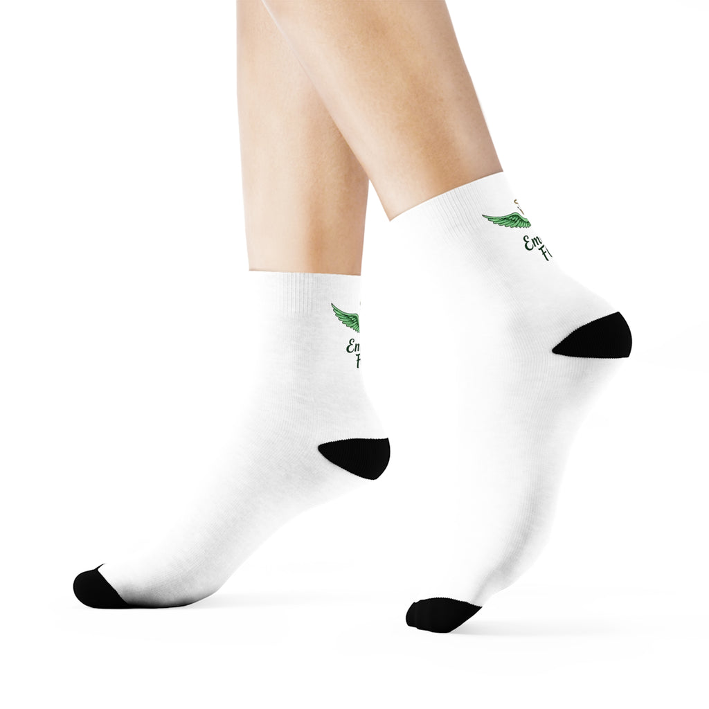Emerald Flyer Logo Crew Socks | White Socks with Black Heel & Toe