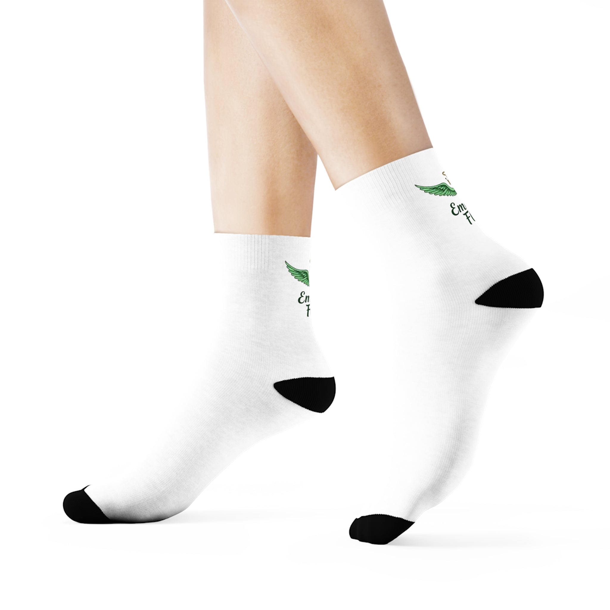Emerald Flyer Logo Crew Socks | White Socks with Black Heel & Toe