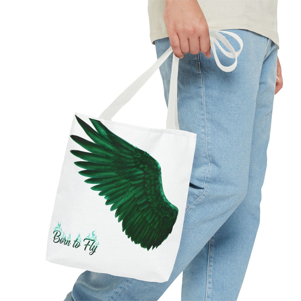 Emerald Wings Tote Bag — "Born to Fly" / "Emerald Flyer" Printed Tote