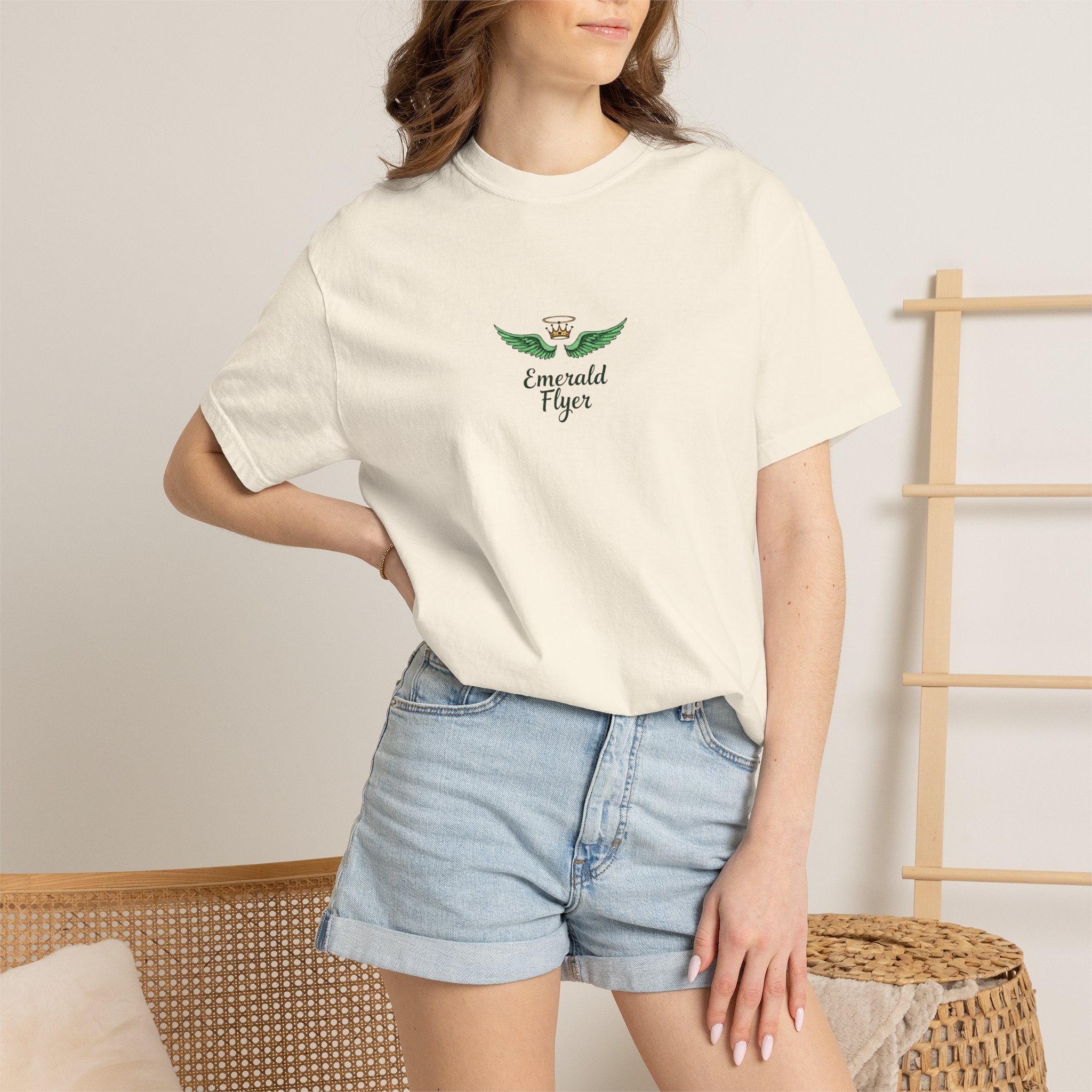 Emerald Tiger T‑Shirt — Green Winged Crown 'Born to Fly' Graphic Tee