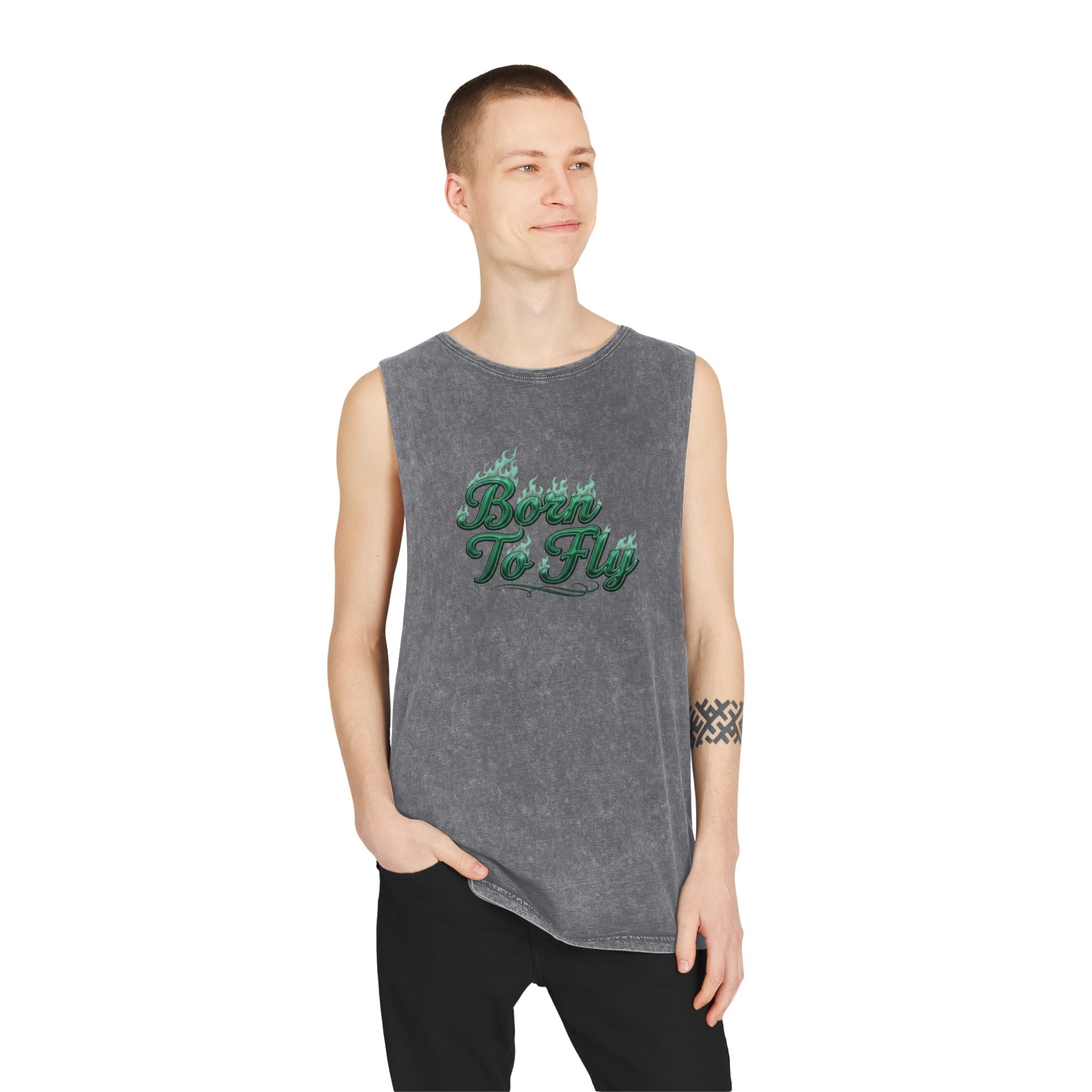 Born to Fly Tank Top — Green Angel Wings Stonewash Muscle Tee