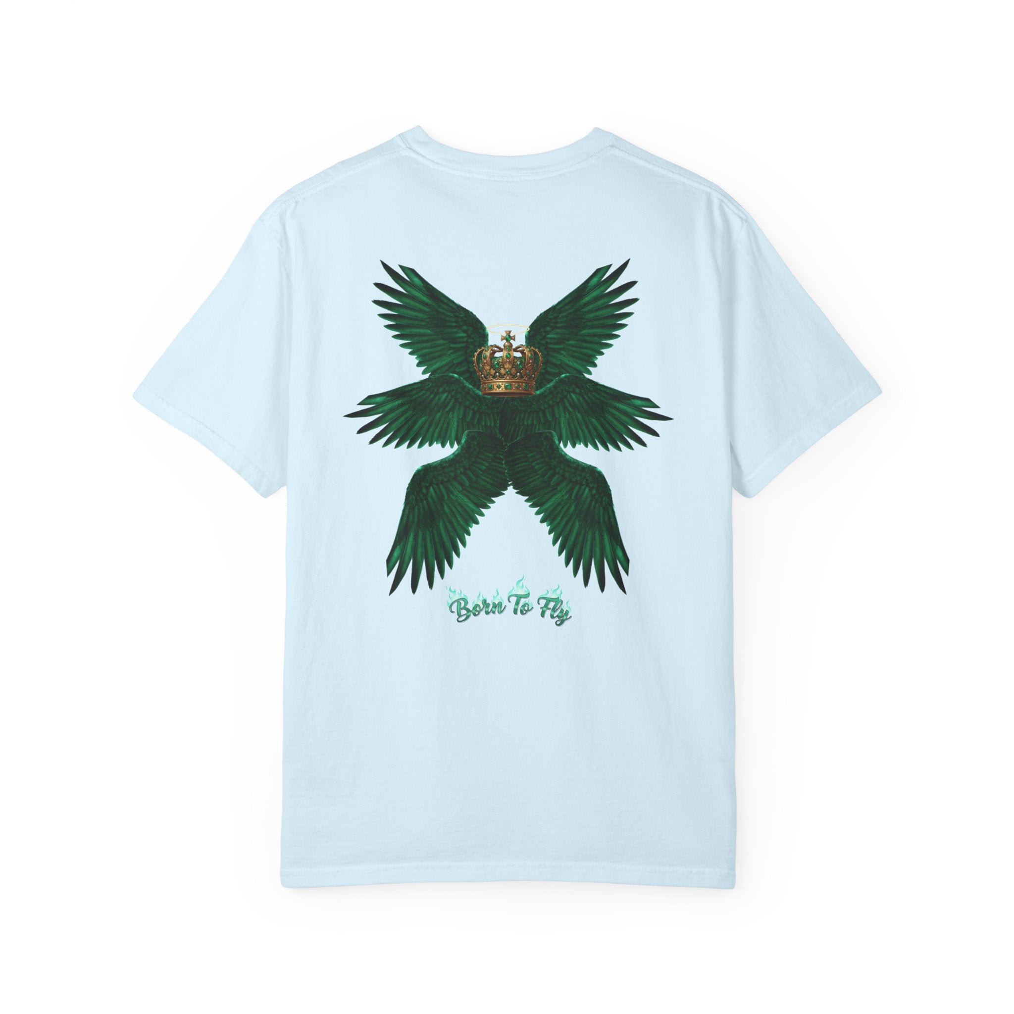 Emerald Tiger T‑Shirt — Green Winged Crown 'Born to Fly' Graphic Tee