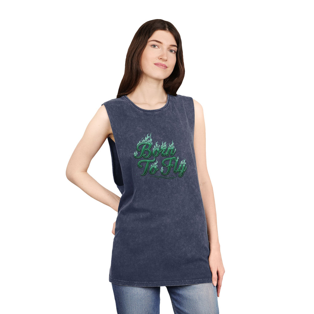 Born to Fly Tank Top — Green Angel Wings Stonewash Muscle Tee