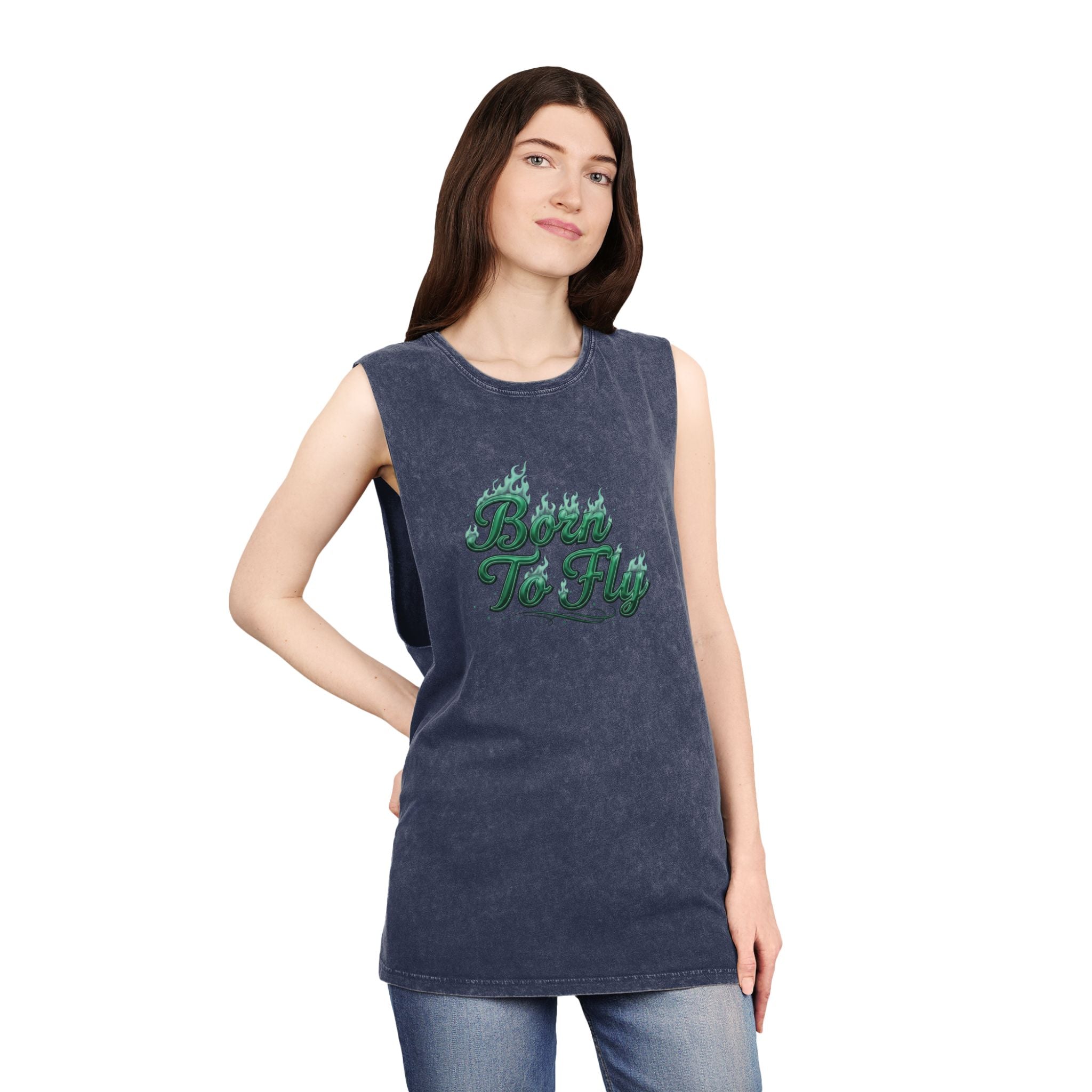 Born to Fly Tank Top — Green Angel Wings Stonewash Muscle Tee