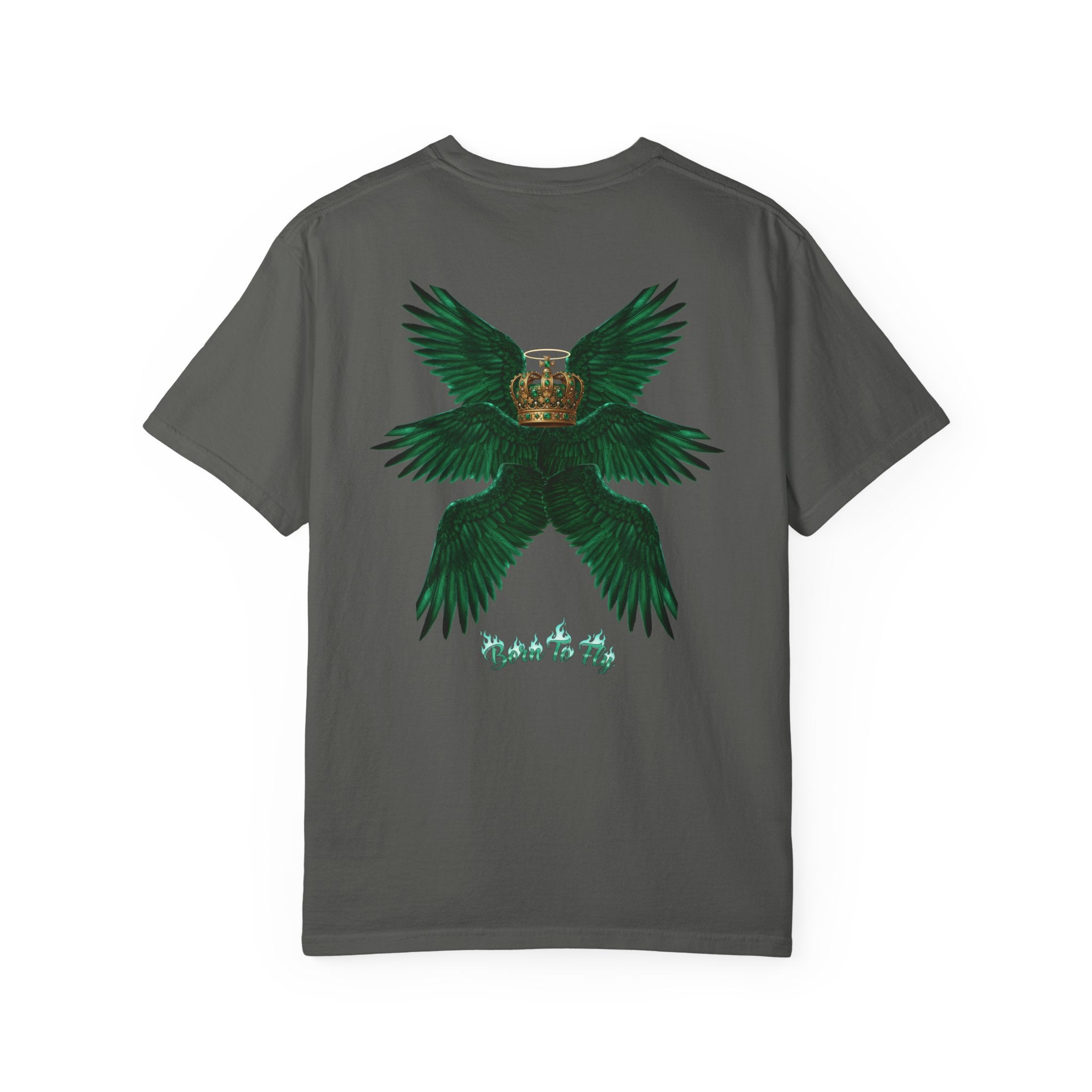 Emerald Tiger T‑Shirt — Green Winged Crown 'Born to Fly' Graphic Tee