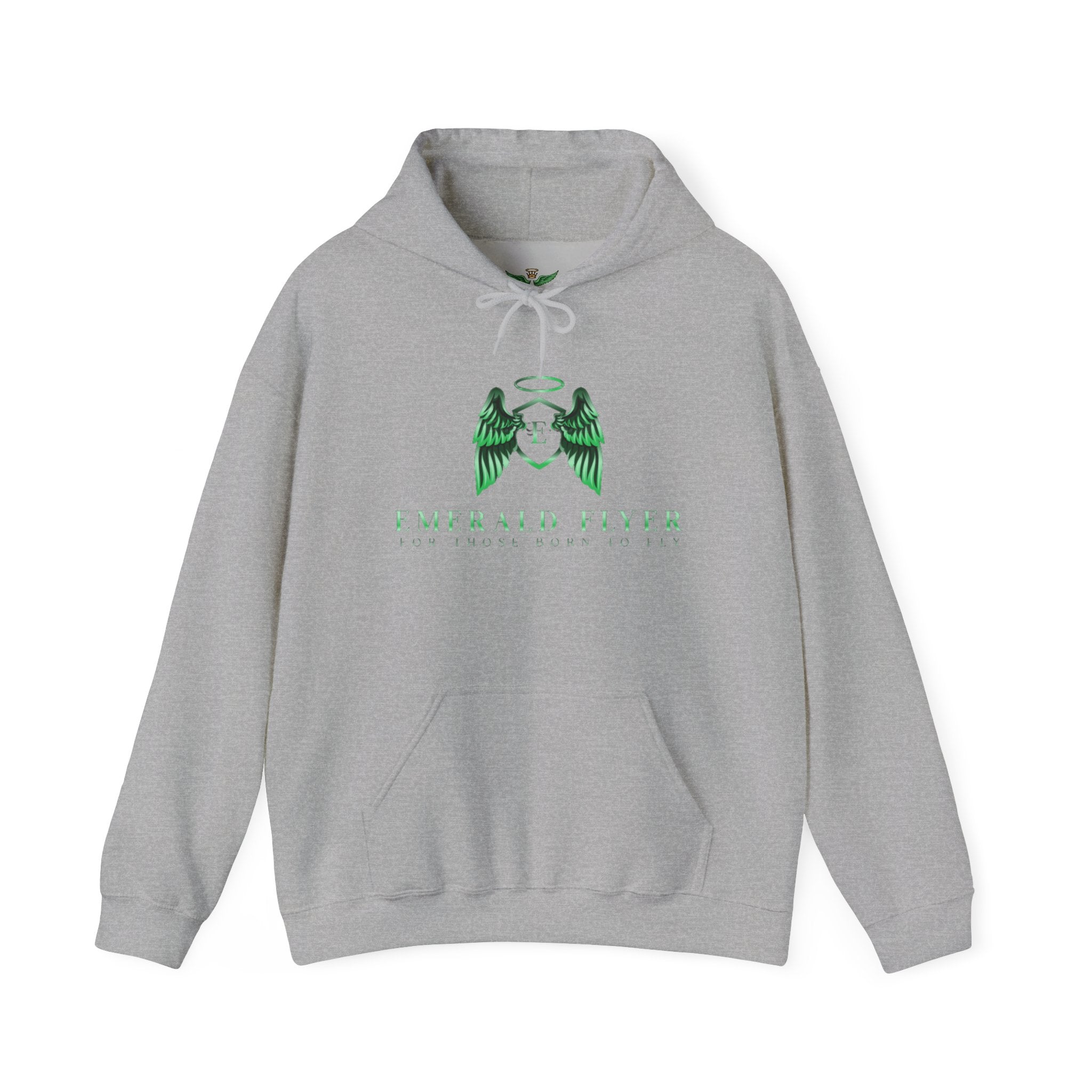 Emerald Flyer Hoodie — Green Angel Wings Pullover with 'Born to Fly' Sleeve