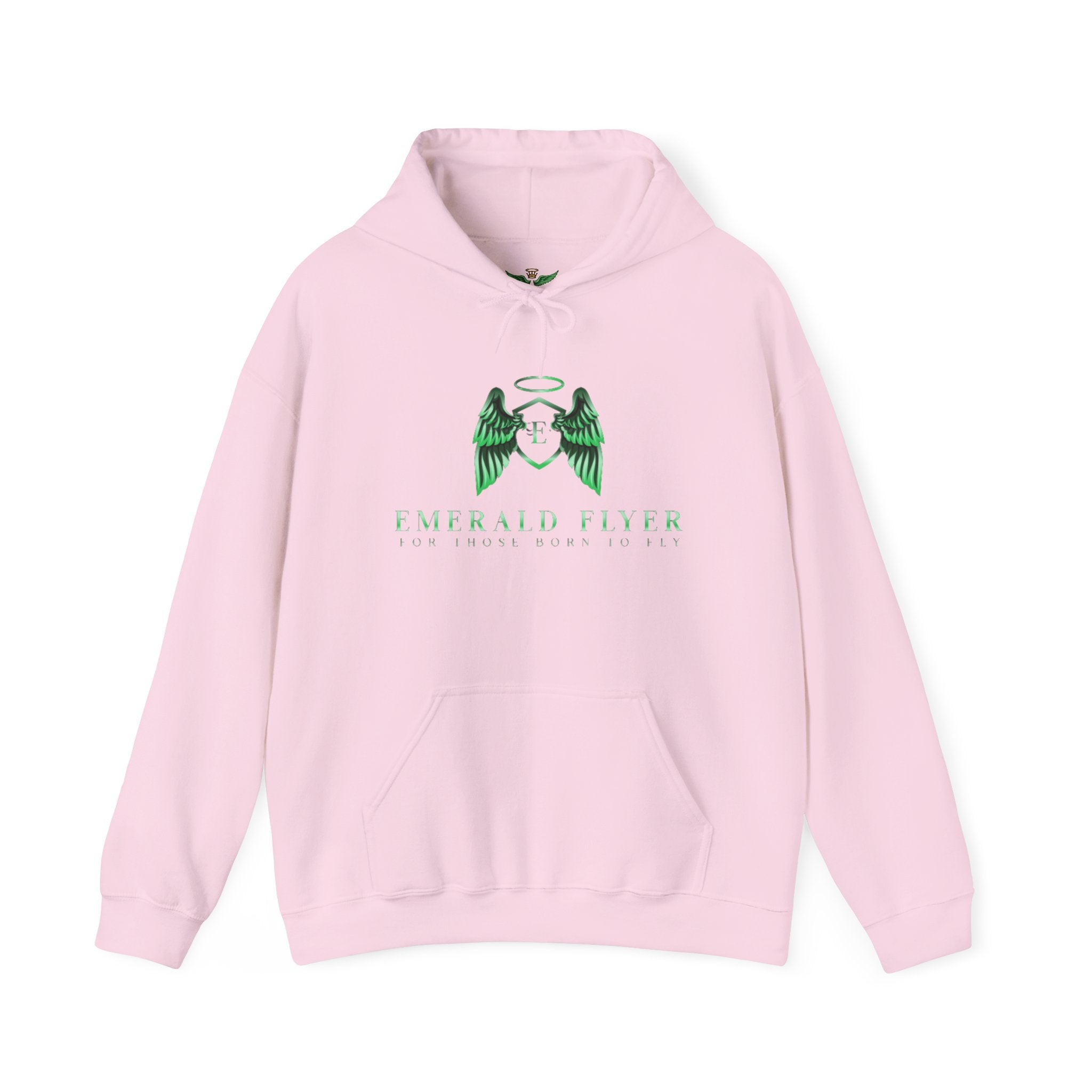 Emerald Flyer Hoodie — Green Angel Wings Pullover with 'Born to Fly' Sleeve