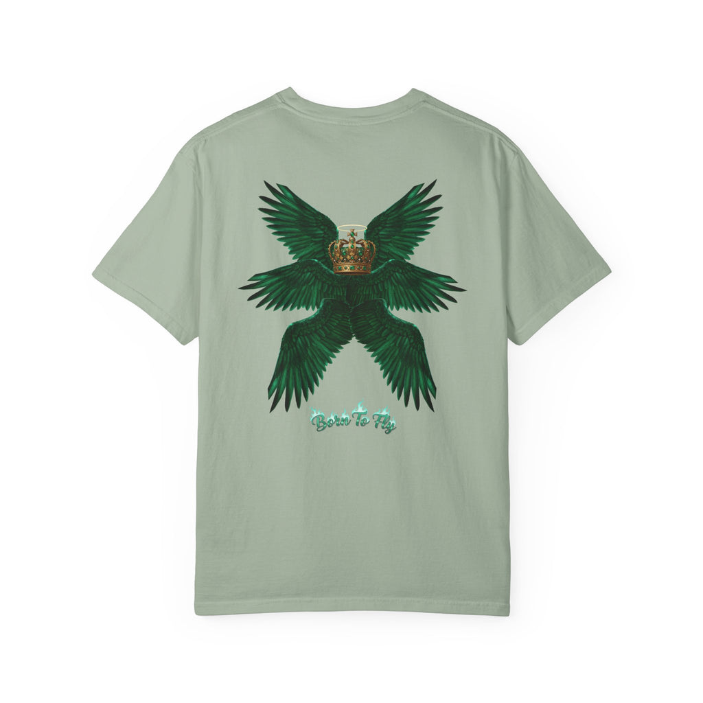 Emerald Tiger T‑Shirt — Green Winged Crown 'Born to Fly' Graphic Tee