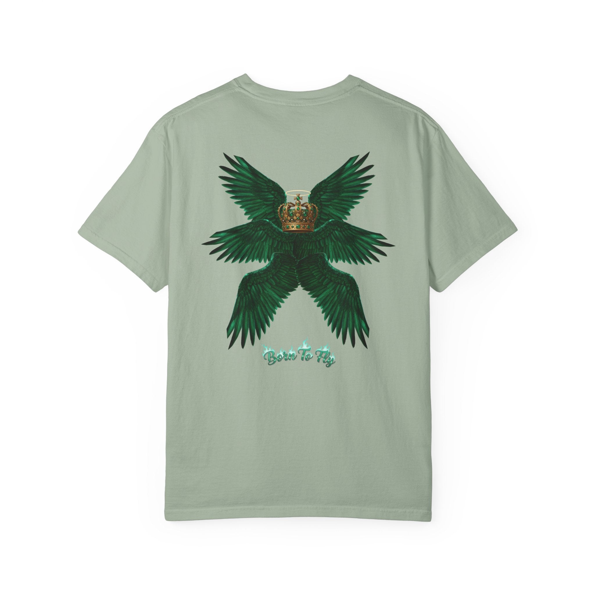 Emerald Tiger T‑Shirt — Green Winged Crown 'Born to Fly' Graphic Tee