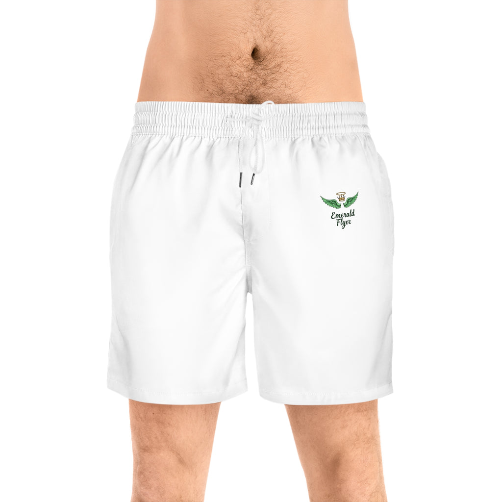 Emerald Flyer Swim Shorts – "Born To Fly" White Trunks with Green Wing Graphics