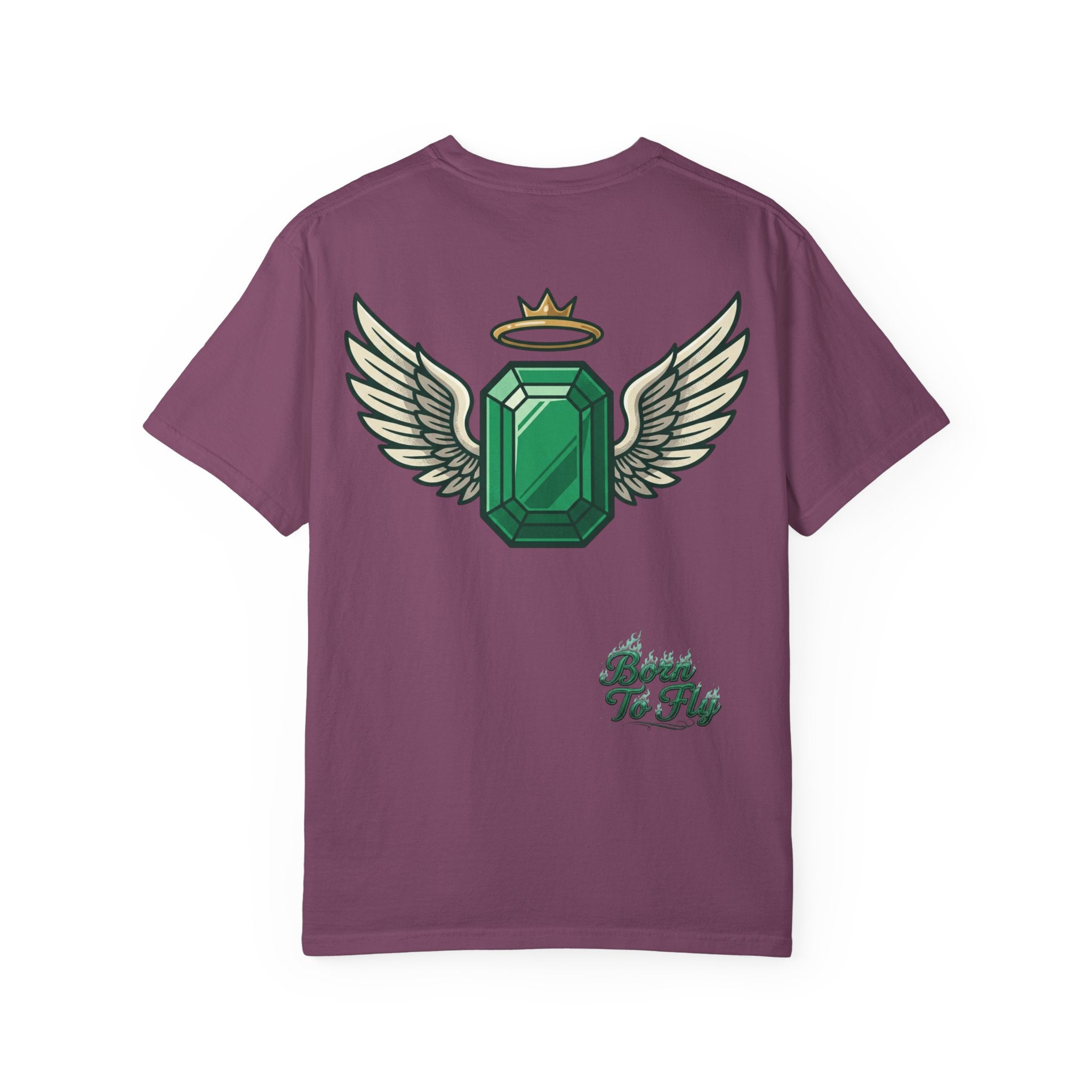 Emerald Flyer T-Shirt — "Born To Fly" Winged Emerald Graphic Tee