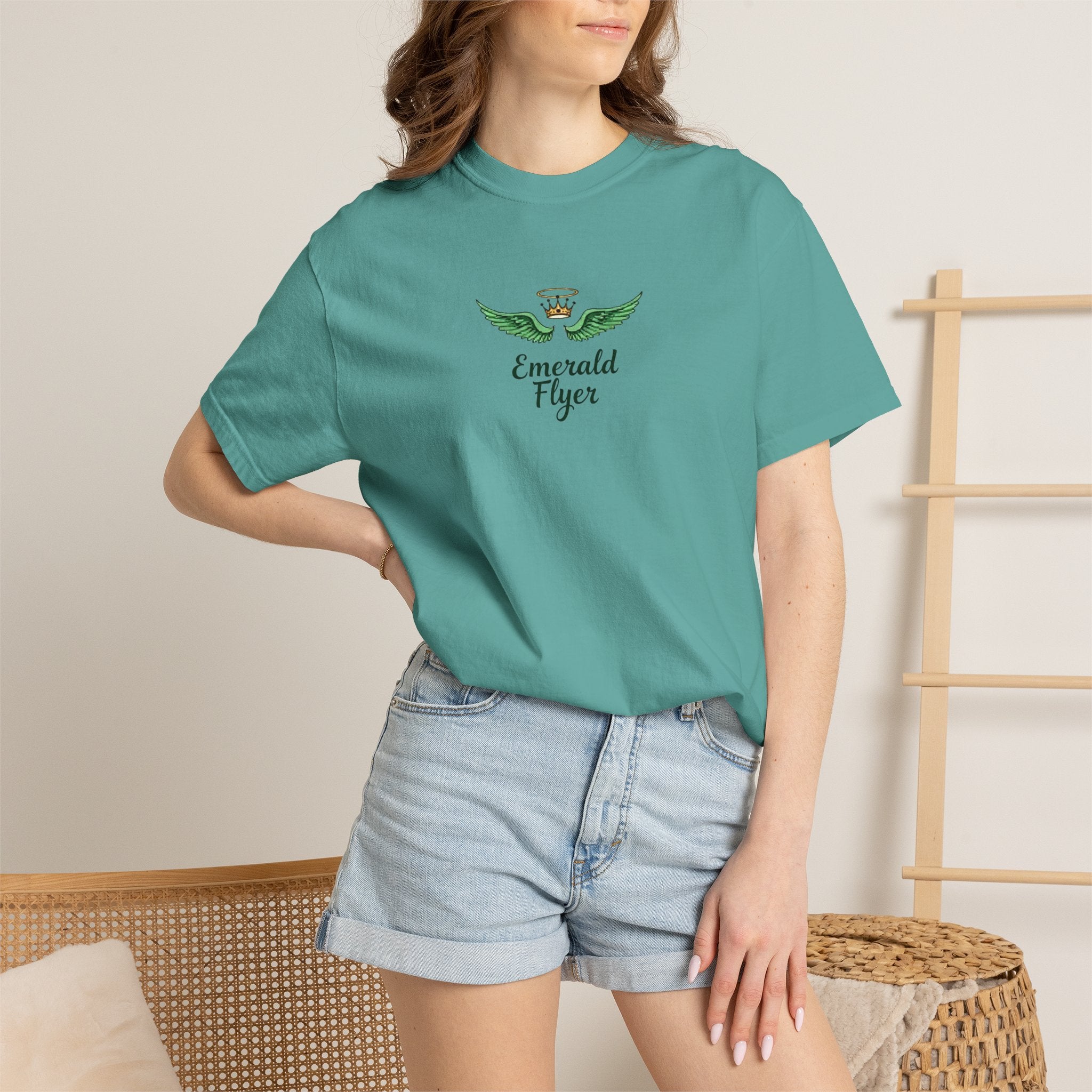 Emerald Flyer T-Shirt – 'Born to Fly' Winged Crown Graphic Tee