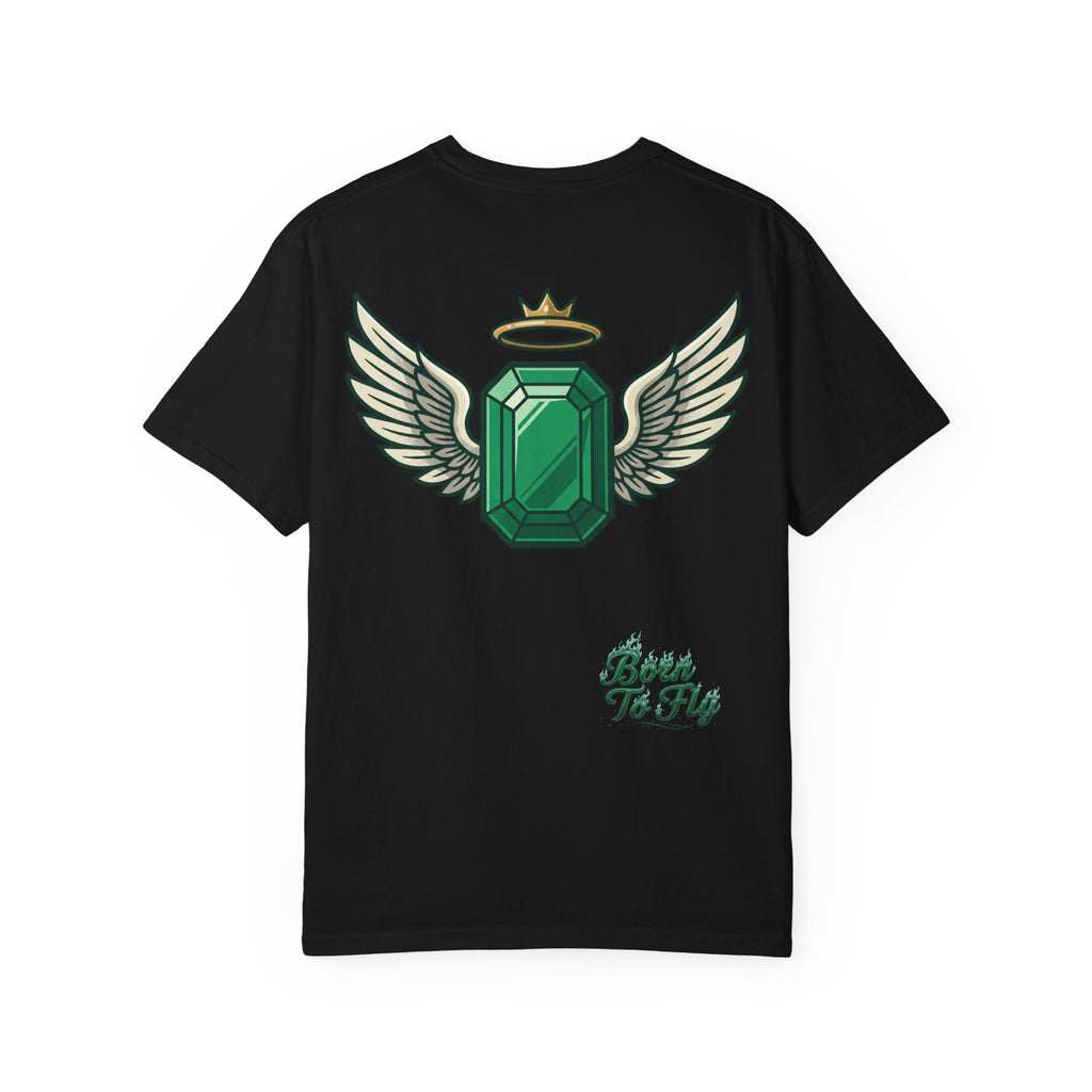 Emerald Flyer T-Shirt — "Born To Fly" Winged Emerald Graphic Tee