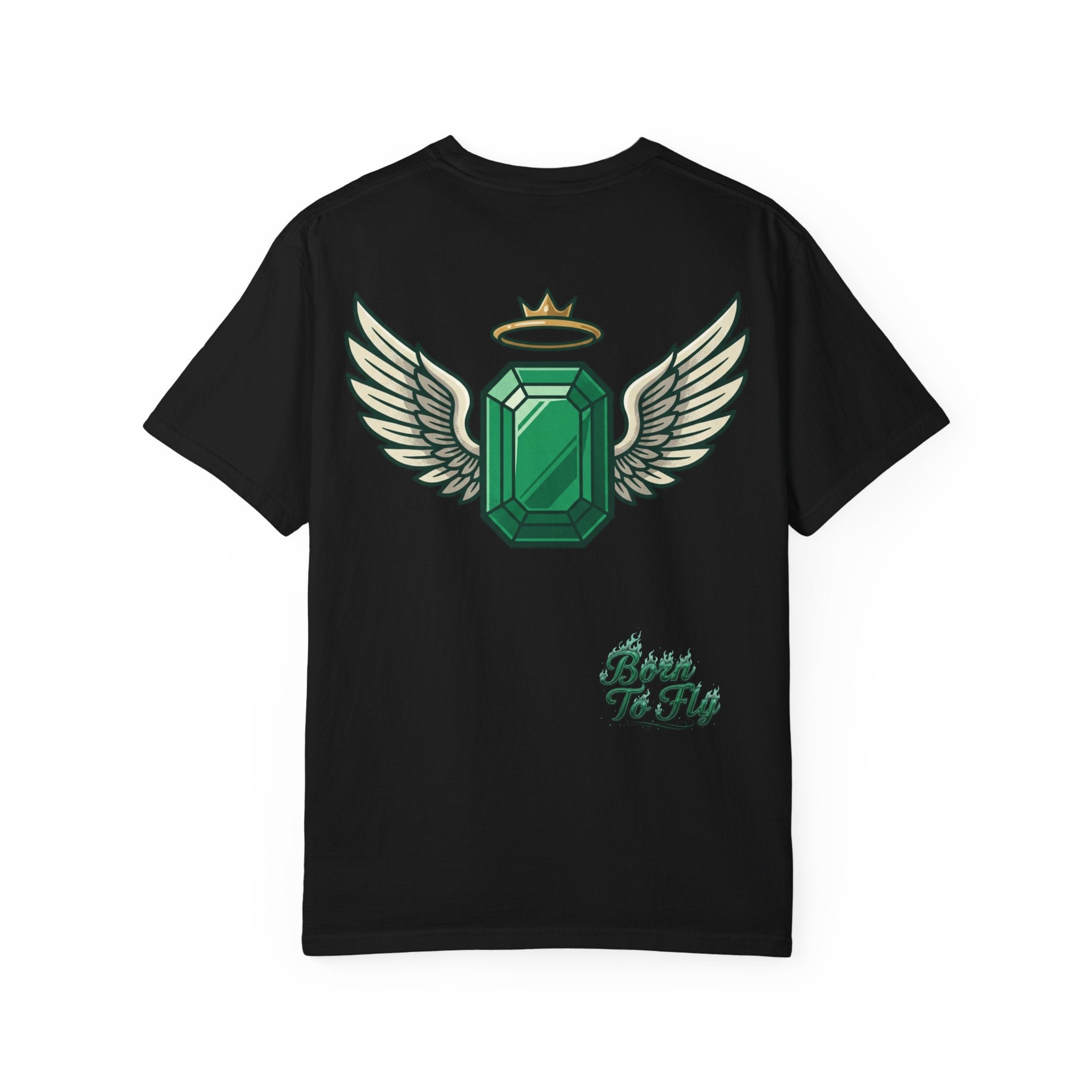 Emerald Flyer T-Shirt — "Born To Fly" Winged Emerald Graphic Tee